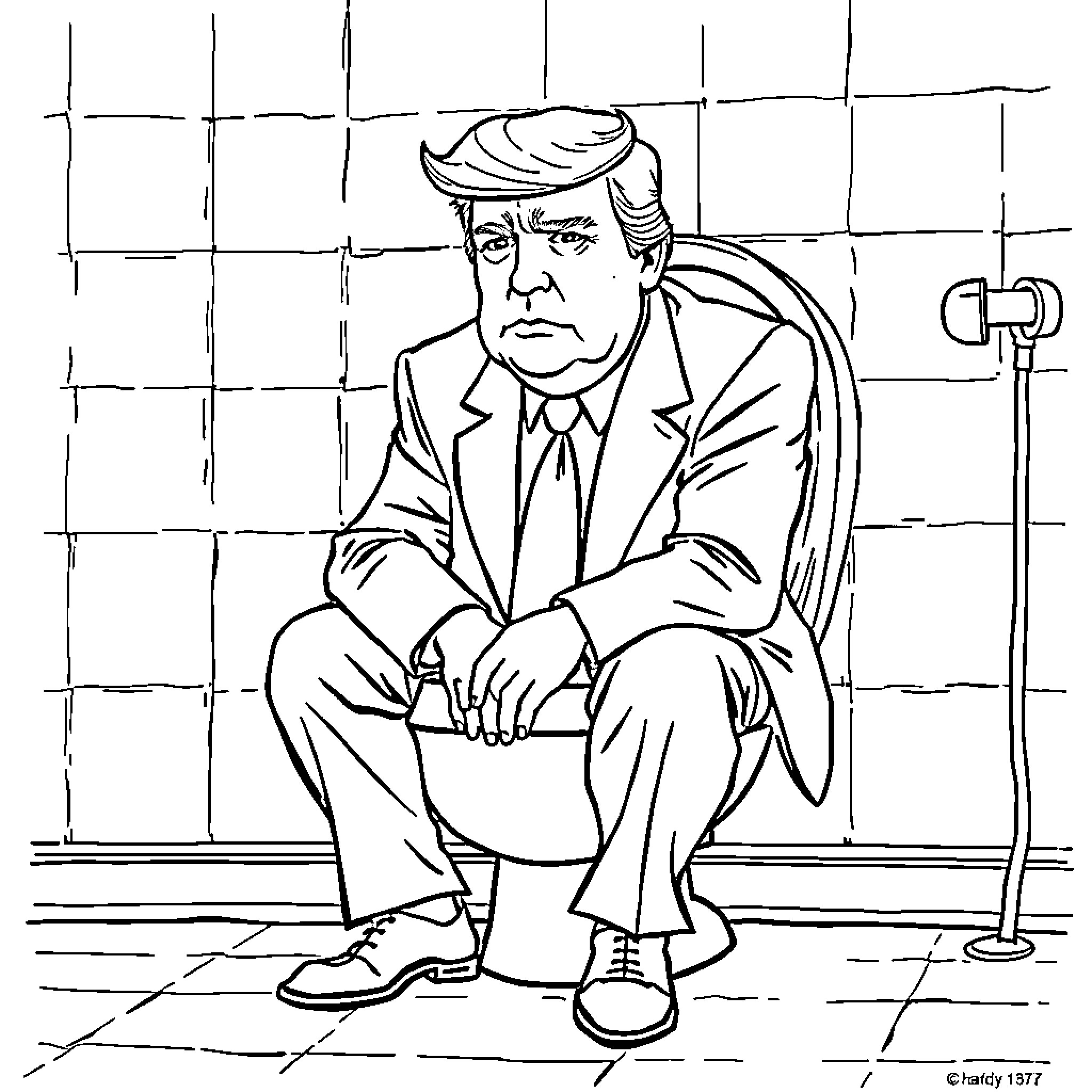 Donald Trump in a contemplative pose Coloring Page (free black-and-white line drawing printable PDF for all, from beginners to advanced learners, including children, teens, adults, and seniors)