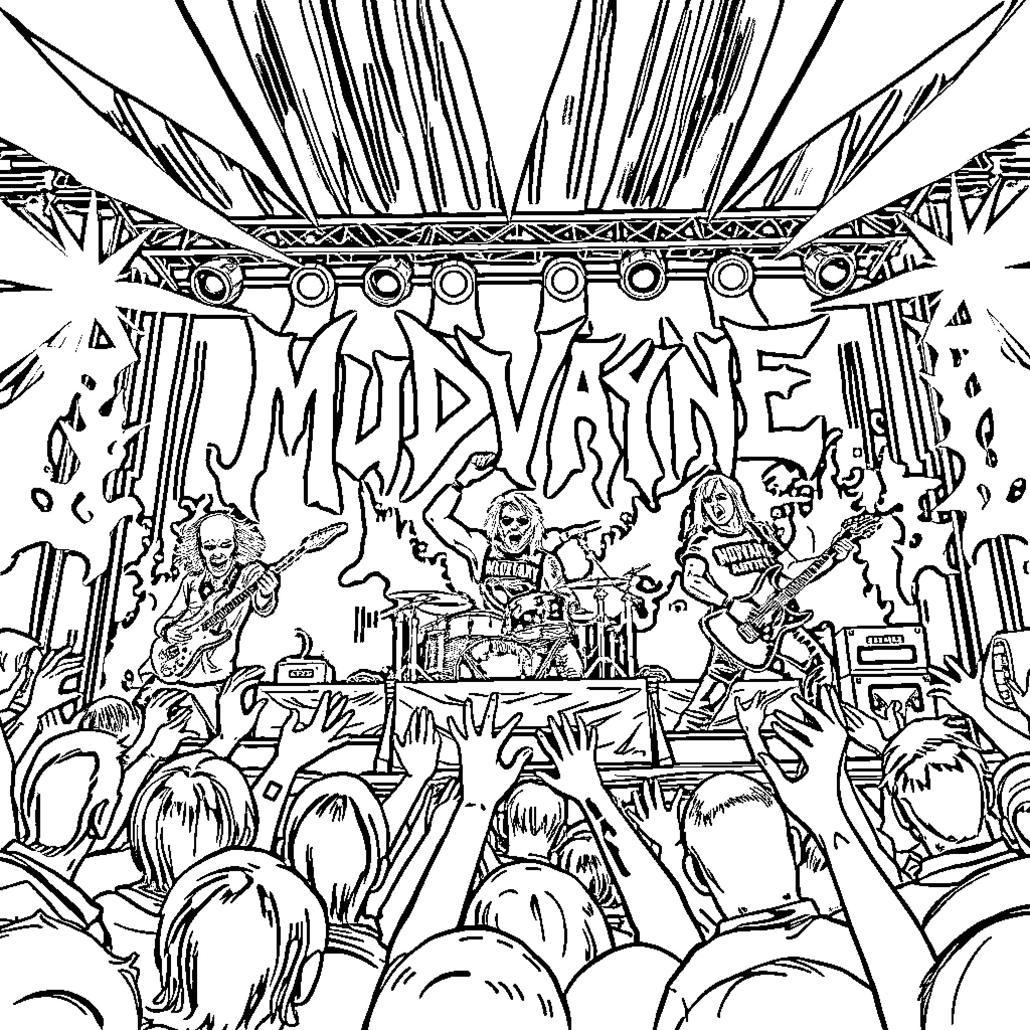 Mudvayne performing energetically on stage with crowd Coloring Page (free black-and-white line drawing printable PDF for all, from beginners to advanced learners, including children, teens, adults, and seniors)