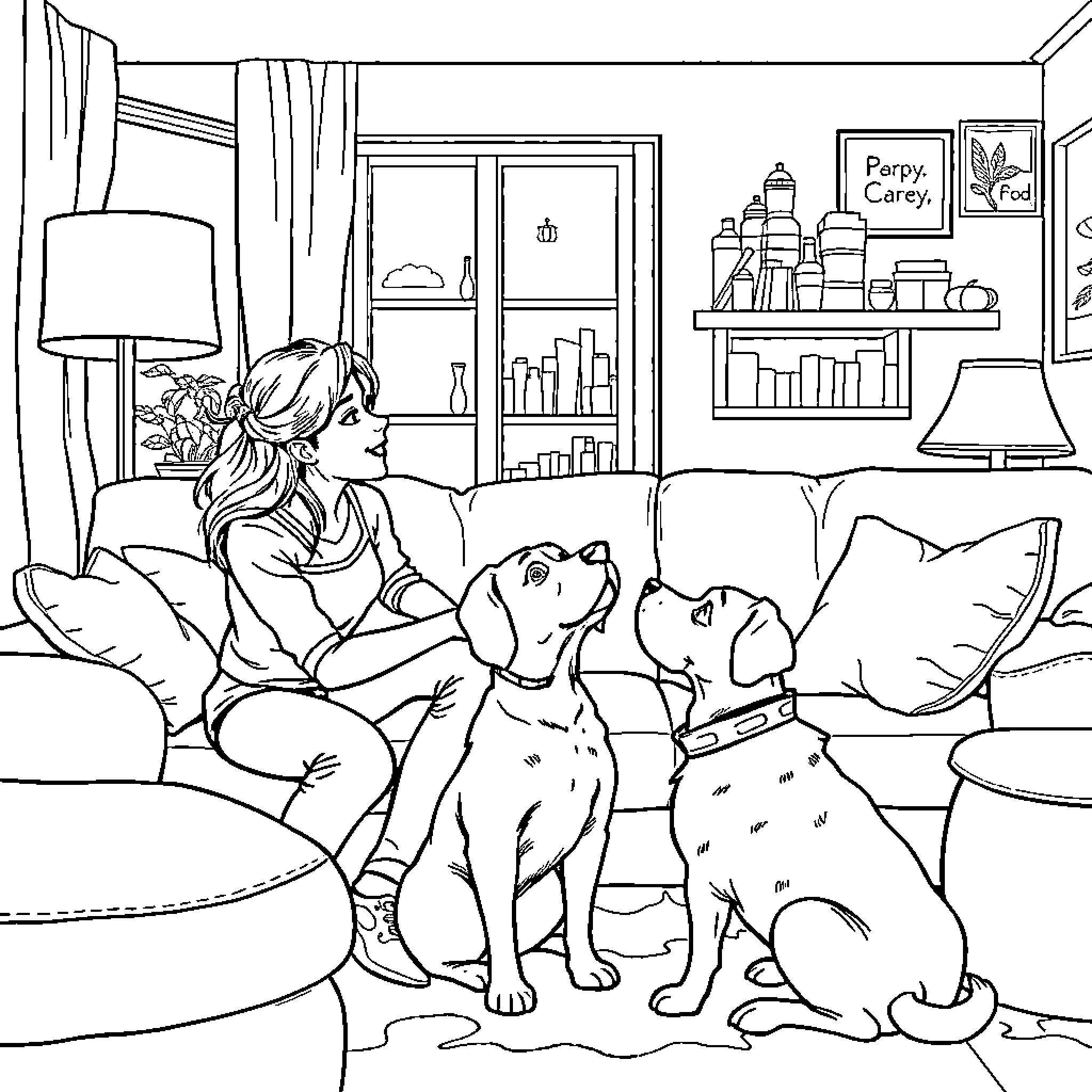 Dogs relaxing with owner in cozy home Coloring Page (free black-and-white line drawing printable PDF for all, from beginners to advanced learners, including children, teens, adults, and seniors)