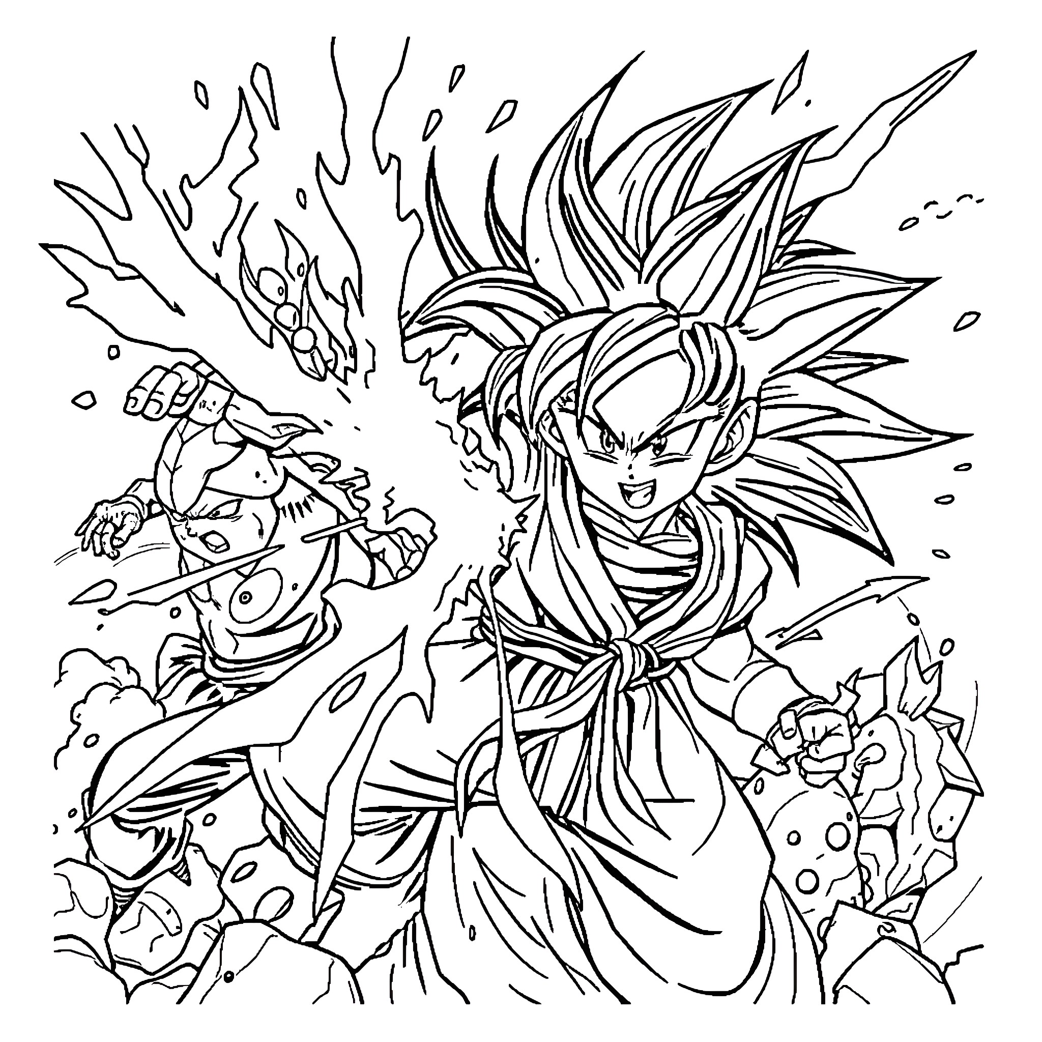 Dragon Ball Z: Intense Battle Between Powerful Fighters Coloring Page (free black-and-white line drawing printable PDF for all, from beginners to advanced learners, including children, teens, adults, and seniors)