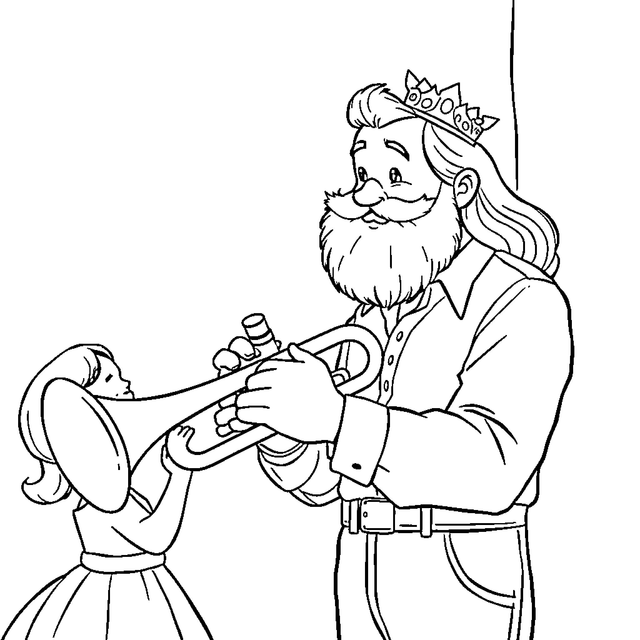 Dad Plays Trumpet for Daughter in Royal Attire Coloring Page (free black-and-white line drawing printable PDF for all, from beginners to advanced learners, including children, teens, adults, and seniors)