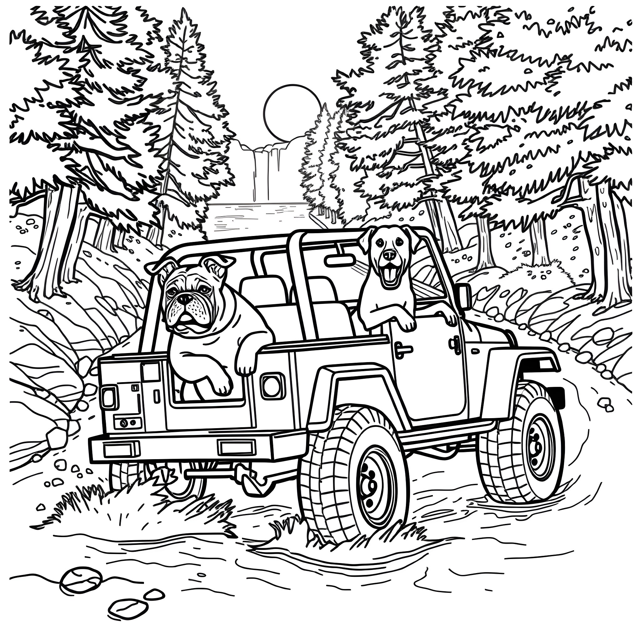 Dog enjoying off-road adventure in the forest Coloring Page (free black-and-white line drawing printable PDF for all, from beginners to advanced learners, including children, teens, adults, and seniors)