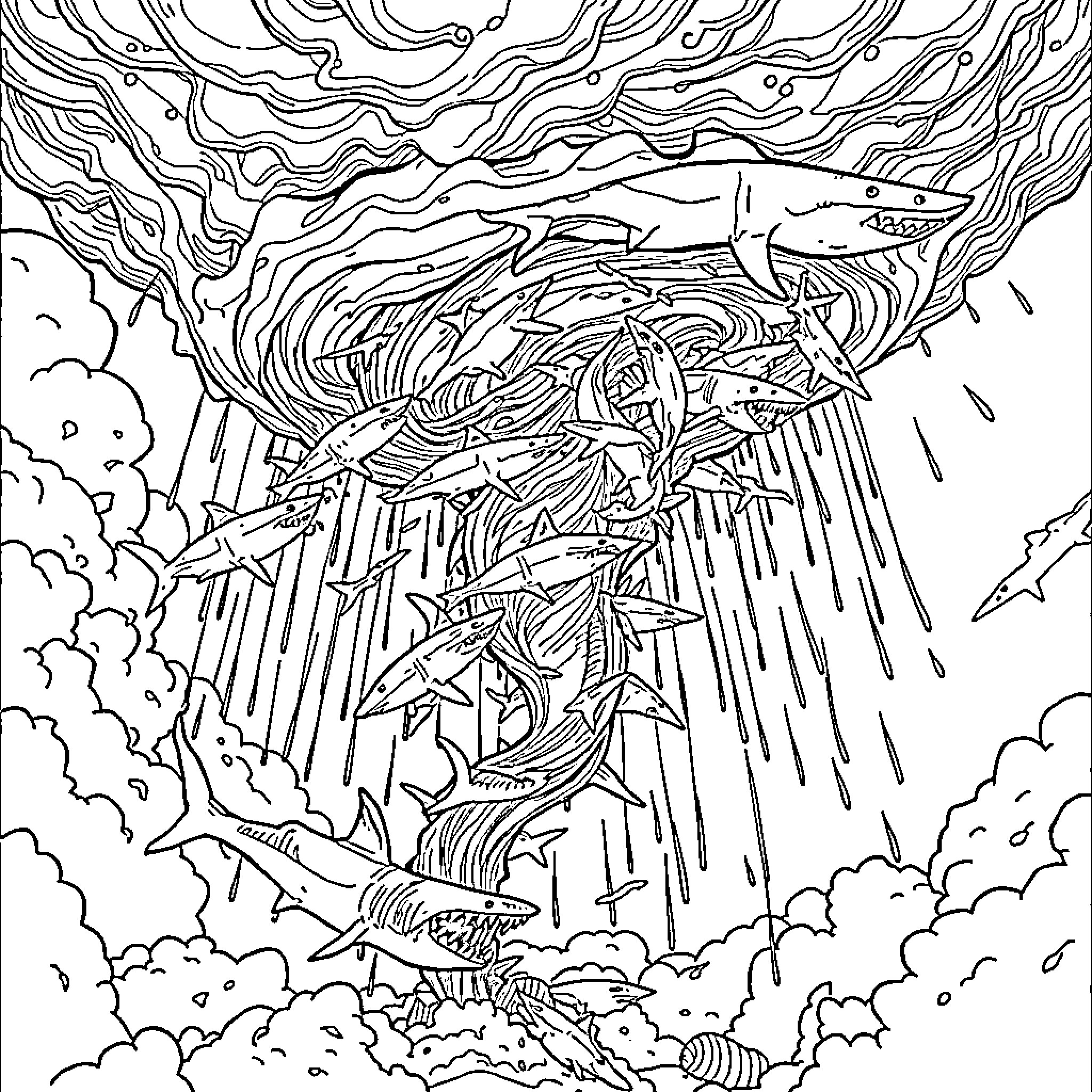 Sharknado: Chaotic Tornado of Sharks Wreaking Havoc Coloring Page (free black-and-white line drawing printable PDF for all, from beginners to advanced learners, including children, teens, adults, and seniors)