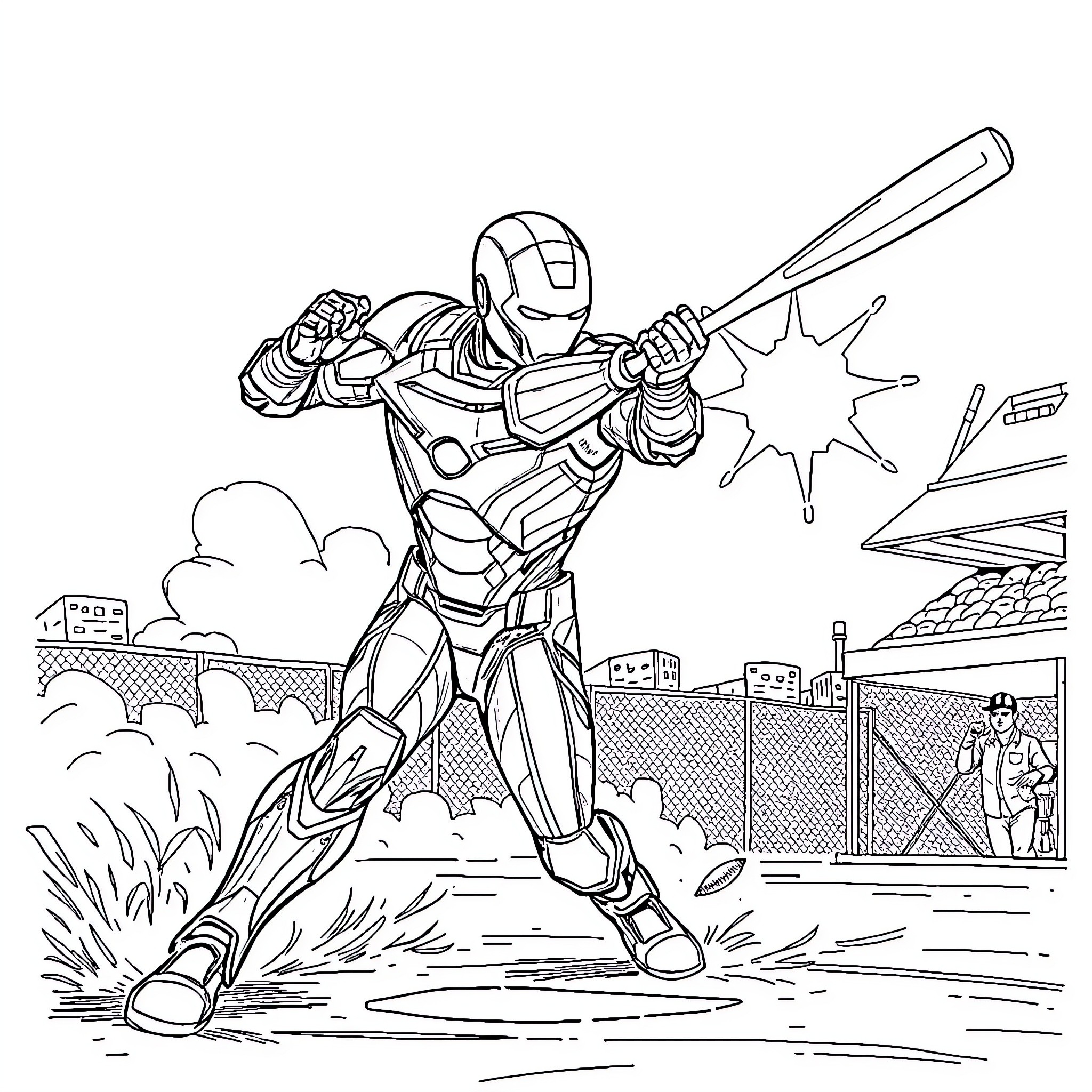 Ironman heroically battling in action-packed scene Coloring Page (free black-and-white line drawing printable PDF for all, from beginners to advanced learners, including children, teens, adults, and seniors)