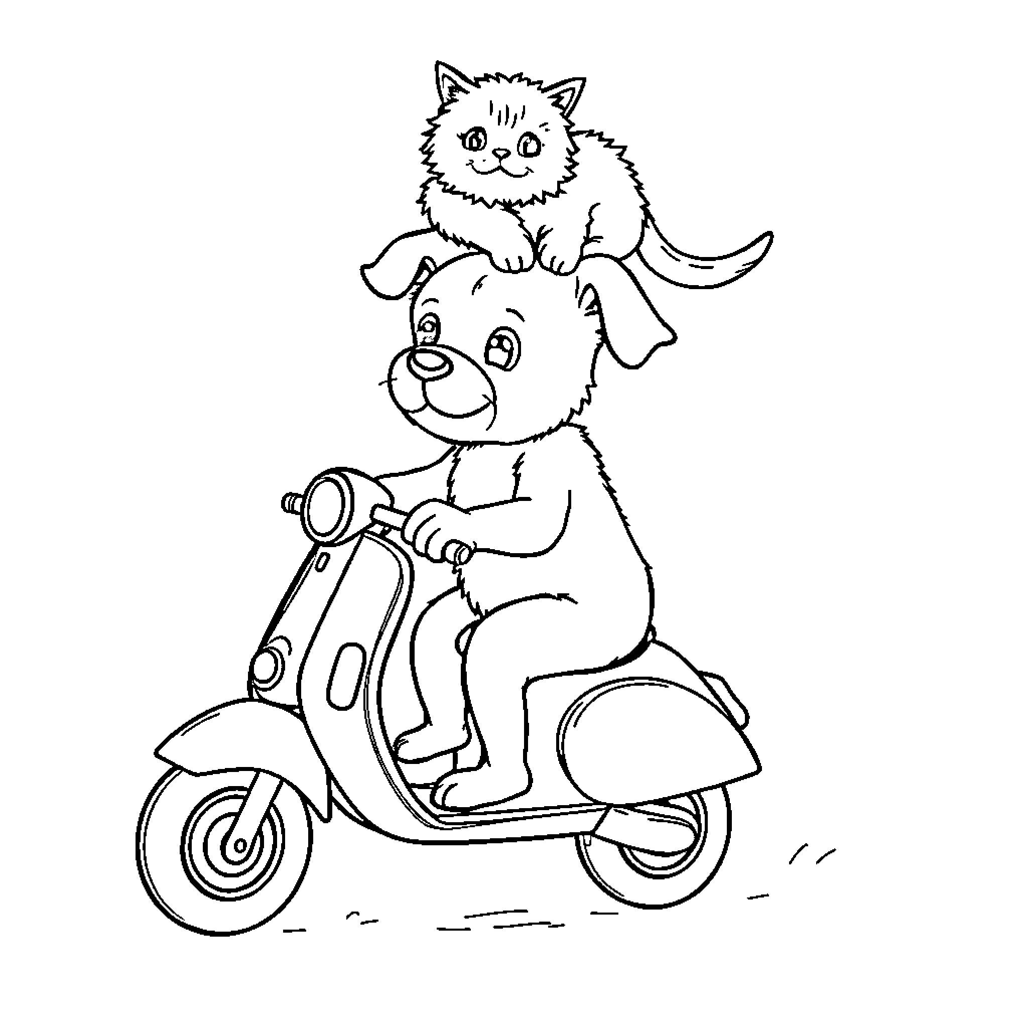 Dog riding scooter with cat passenger Coloring Page (free black-and-white line drawing printable PDF for all, from beginners to advanced learners, including children, teens, adults, and seniors)