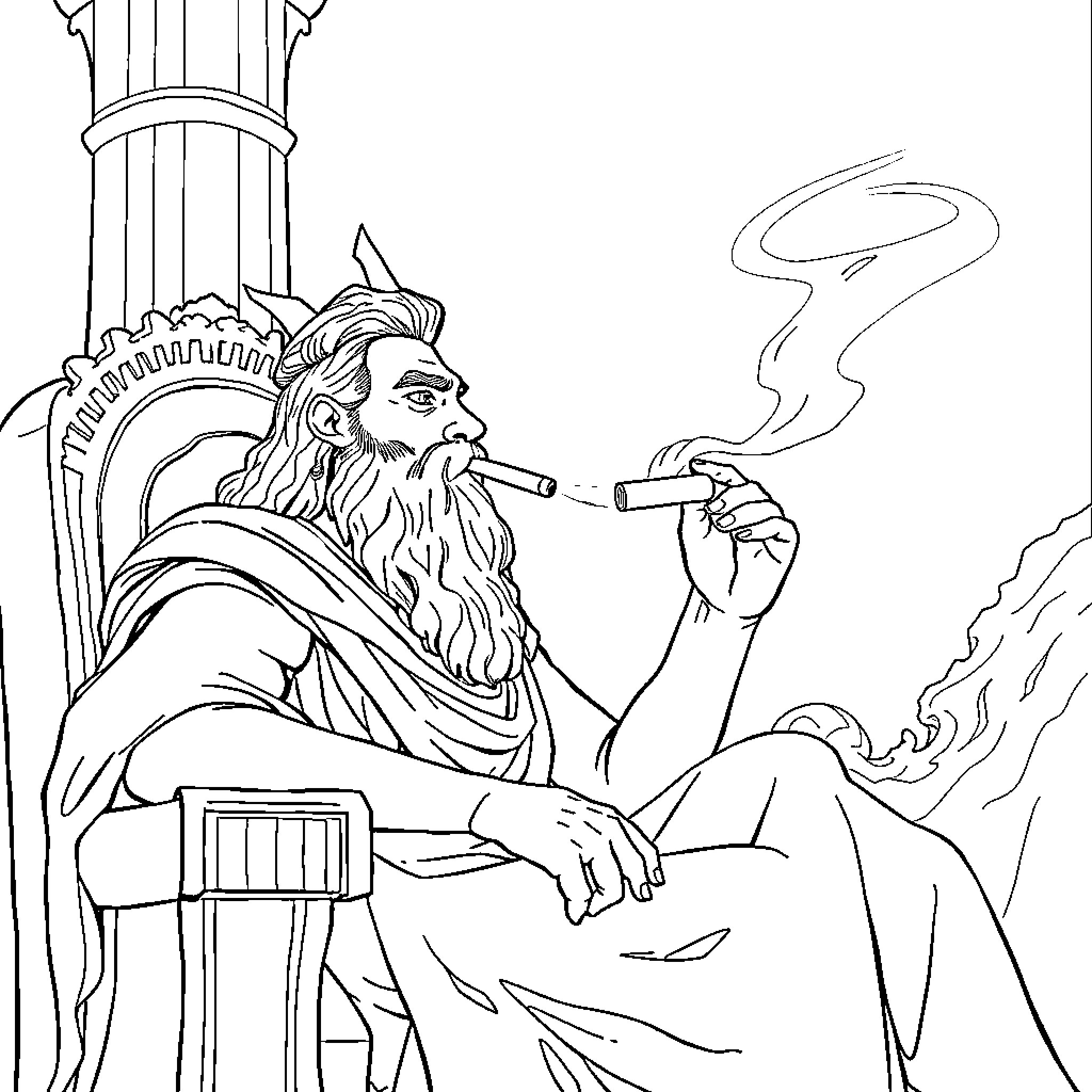 God Contemplating with Pipe in Hand Coloring Page (free black-and-white line drawing printable PDF for all, from beginners to advanced learners, including children, teens, adults, and seniors)