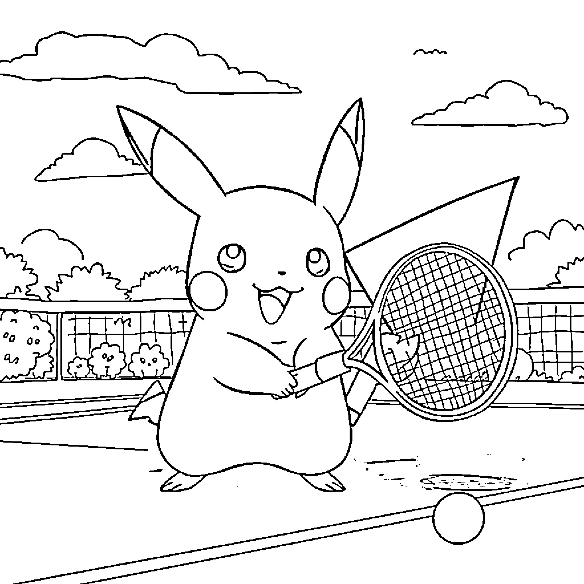 Pikachu playing tennis on the court Coloring Page (free black-and-white line drawing printable PDF for all, from beginners to advanced learners, including children, teens, adults, and seniors)