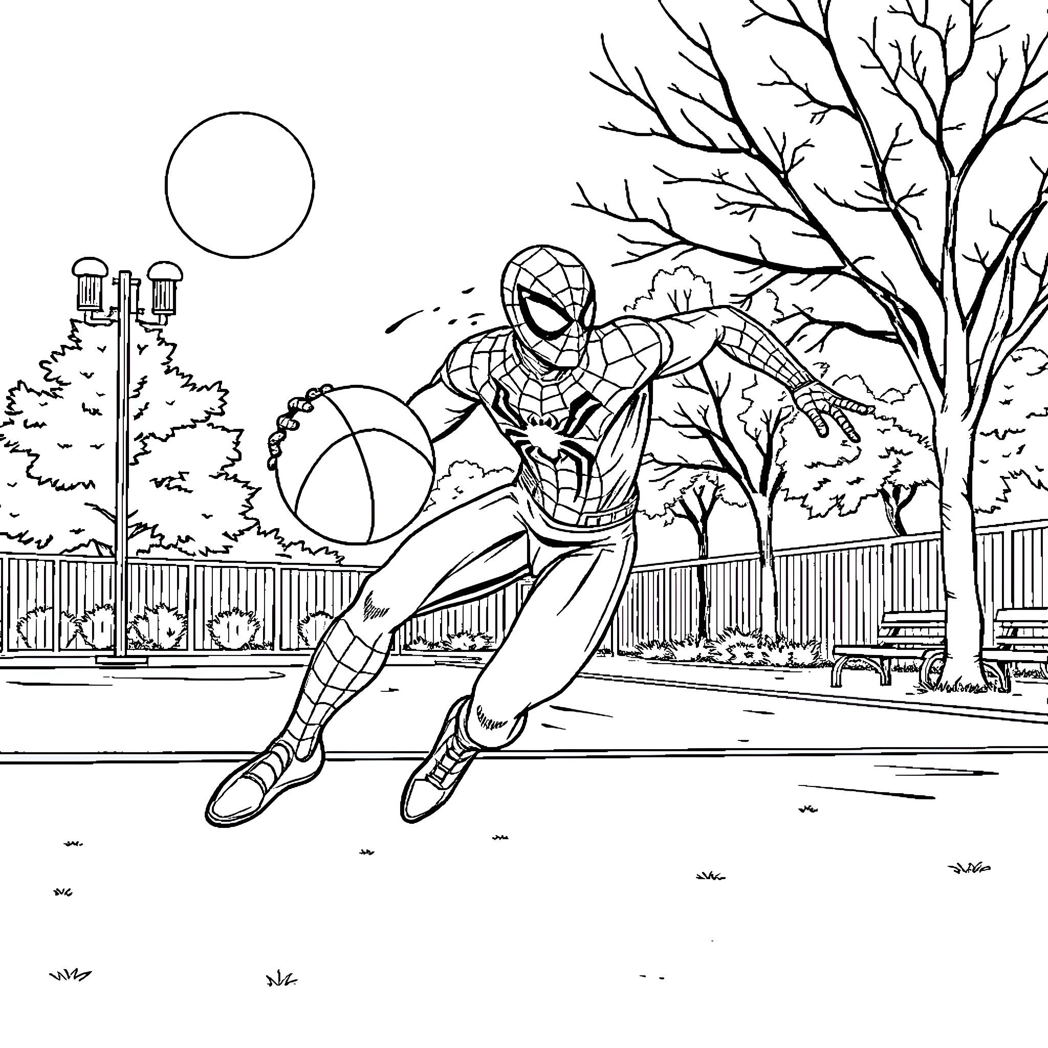 Spiderman swinging through a city park Coloring Page (free black-and-white line drawing printable PDF for all, from beginners to advanced learners, including children, teens, adults, and seniors)