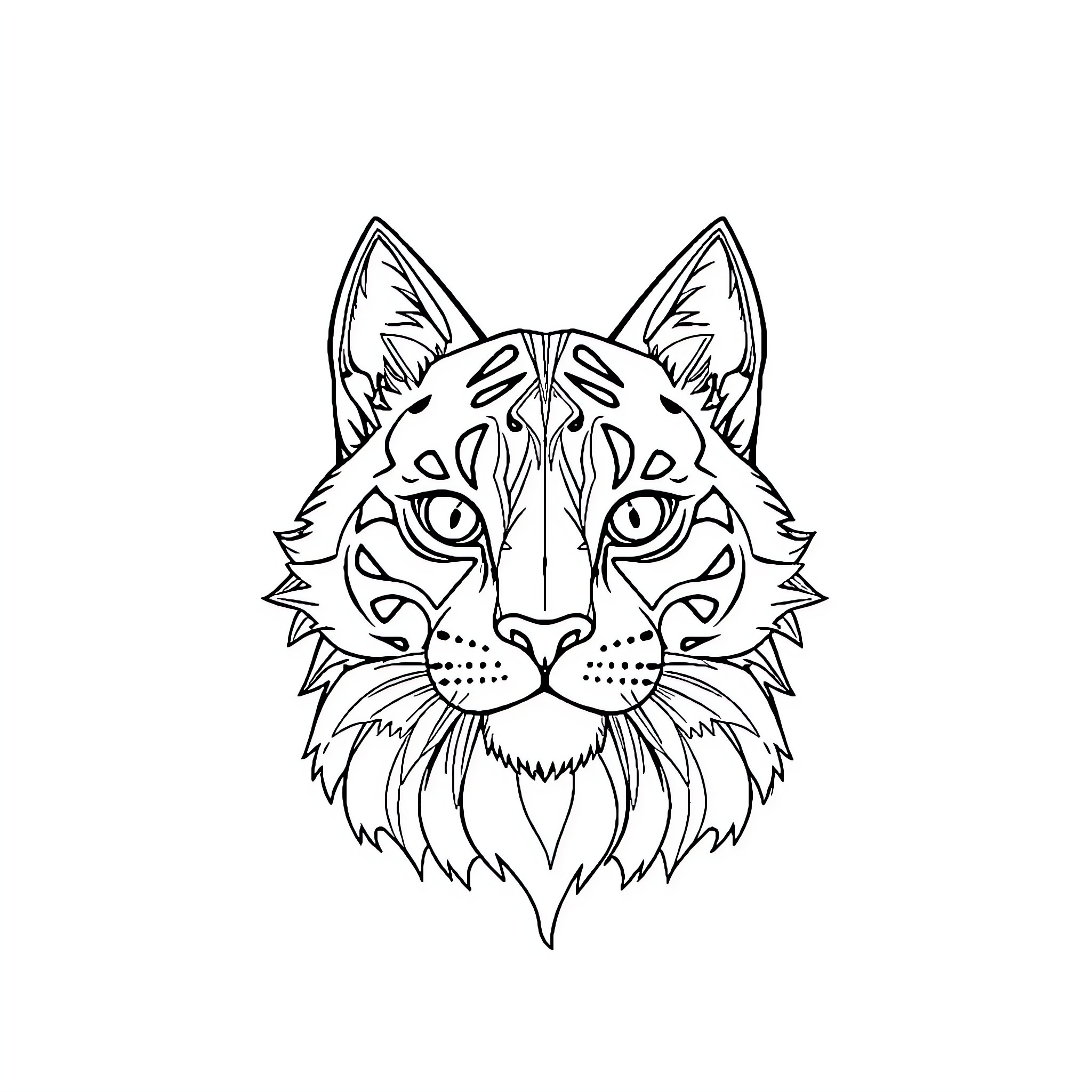 AI Outline of a Feline Face with Detailed Features Coloring Page (free black-and-white line drawing printable PDF for all, from beginners to advanced learners, including children, teens, adults, and seniors)