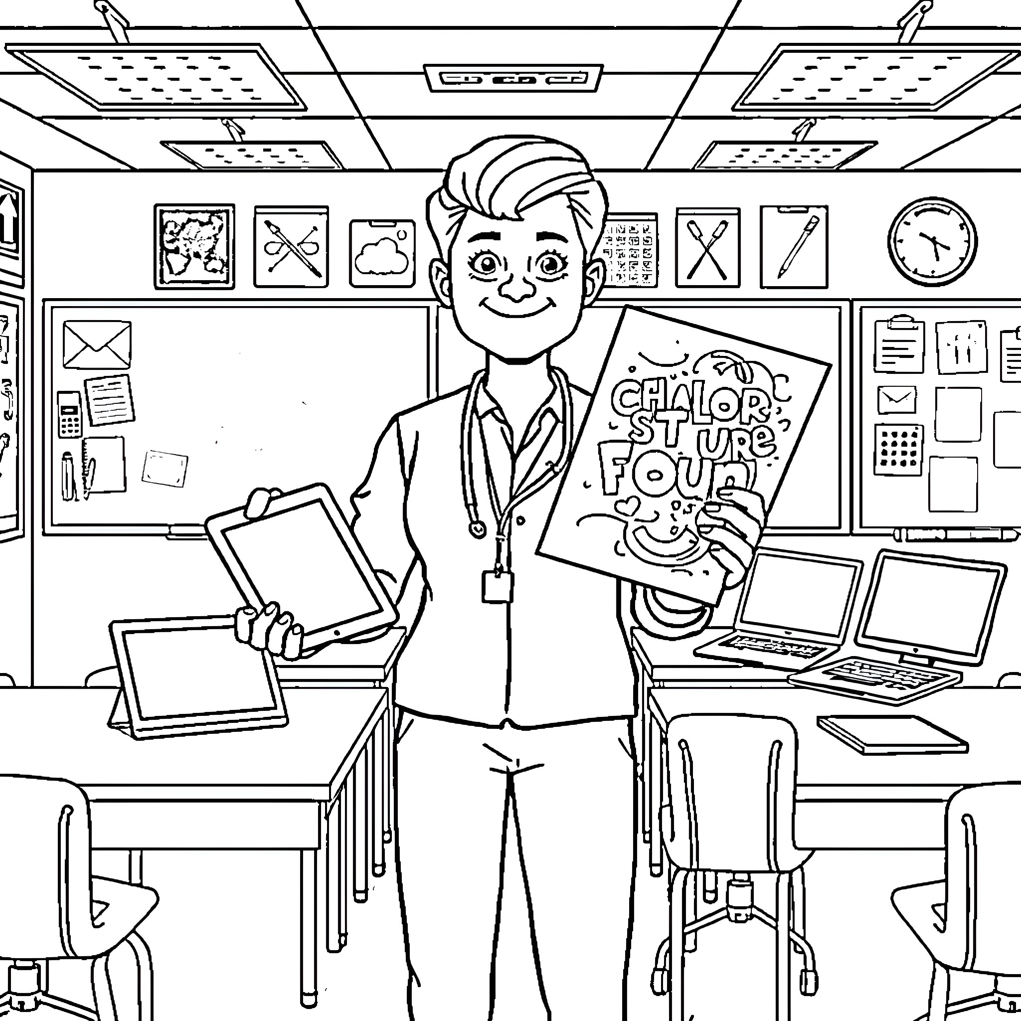 Teacher guiding students with learning materials in classroom Coloring Page (free black-and-white line drawing printable PDF for all, from beginners to advanced learners, including children, teens, adults, and seniors)
