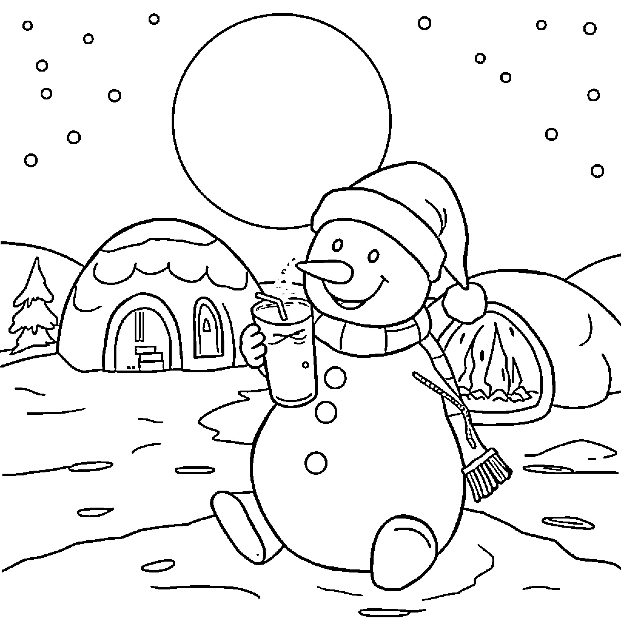 Snowman enjoying a hot drink in a snowy landscape Coloring Page (free black-and-white line drawing printable PDF for all, from beginners to advanced learners, including children, teens, adults, and seniors)