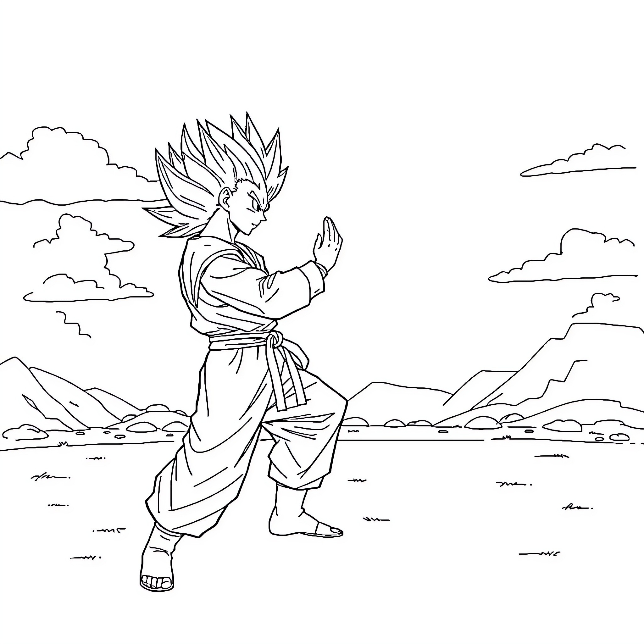 Vegeta in Fighting Stance in Mountainous Landscape Coloring Page (free black-and-white line drawing printable PDF for all, from beginners to advanced learners, including children, teens, adults, and seniors)