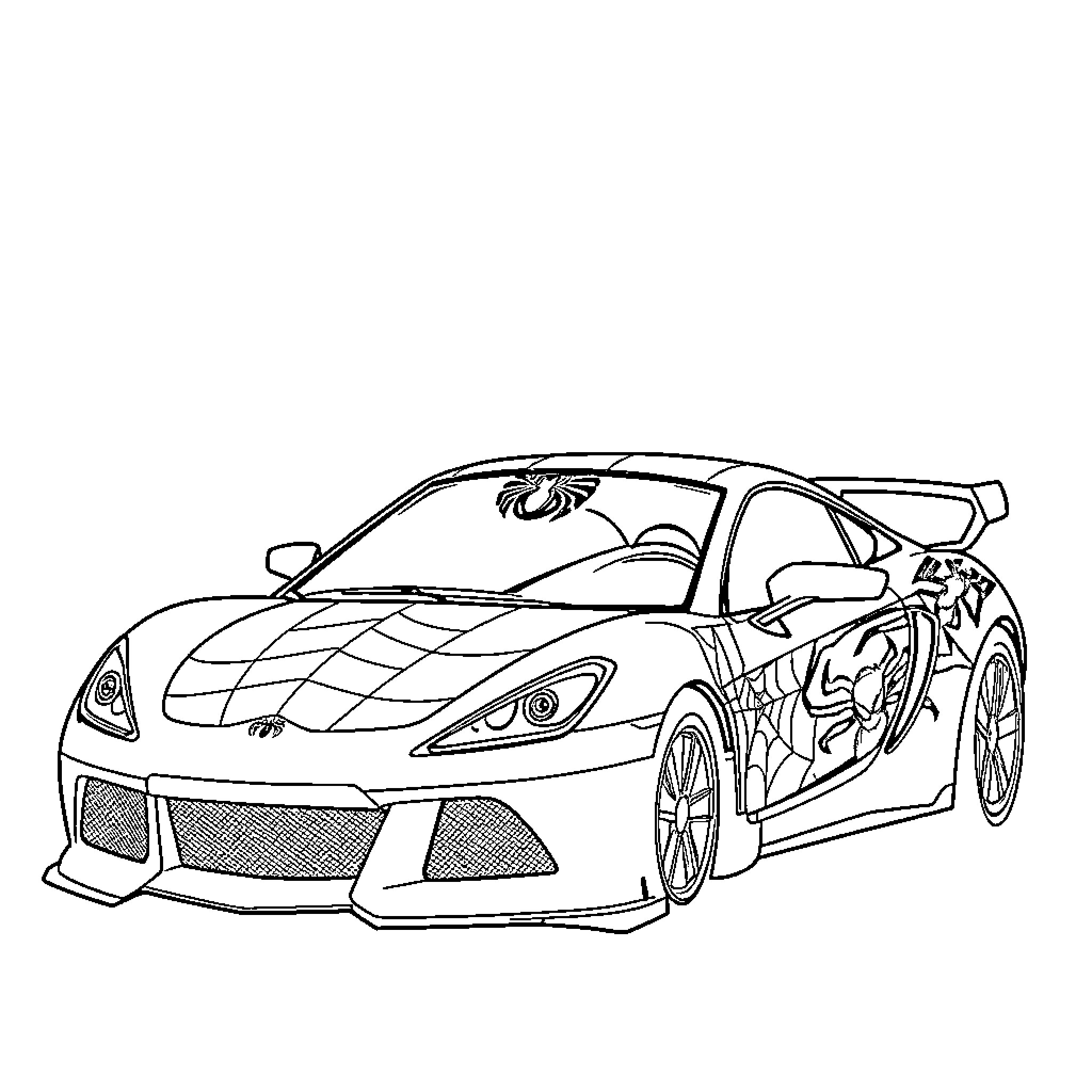 Spiderman-themed sports car with web-like design Coloring Page (free black-and-white line drawing printable PDF for all, from beginners to advanced learners, including children, teens, adults, and seniors)