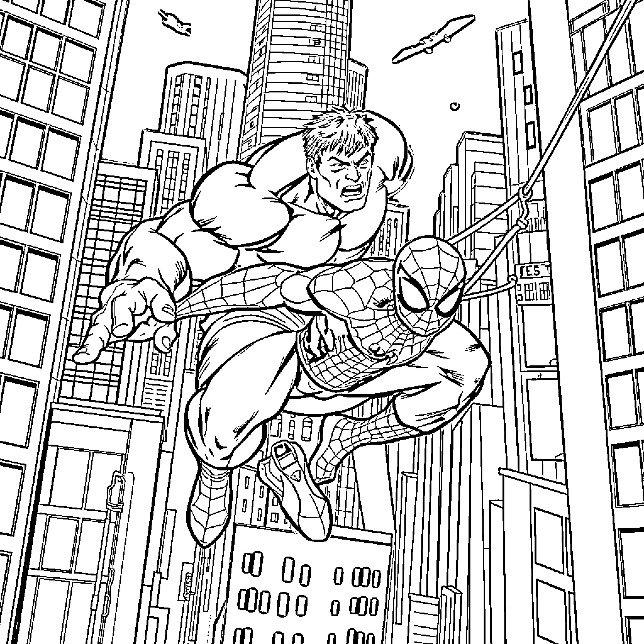 Hulk and Spider-Man battle in the city skyline Coloring Page (free black-and-white line drawing printable PDF for all, from beginners to advanced learners, including children, teens, adults, and seniors)