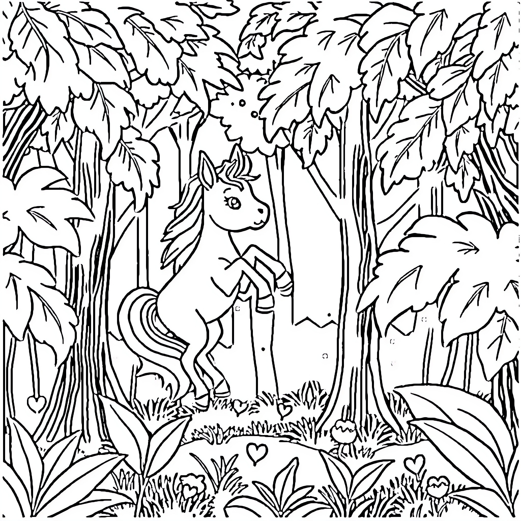 Pony in a magical forest landscape Coloring Page (free black-and-white line drawing printable PDF for all, from beginners to advanced learners, including children, teens, adults, and seniors)