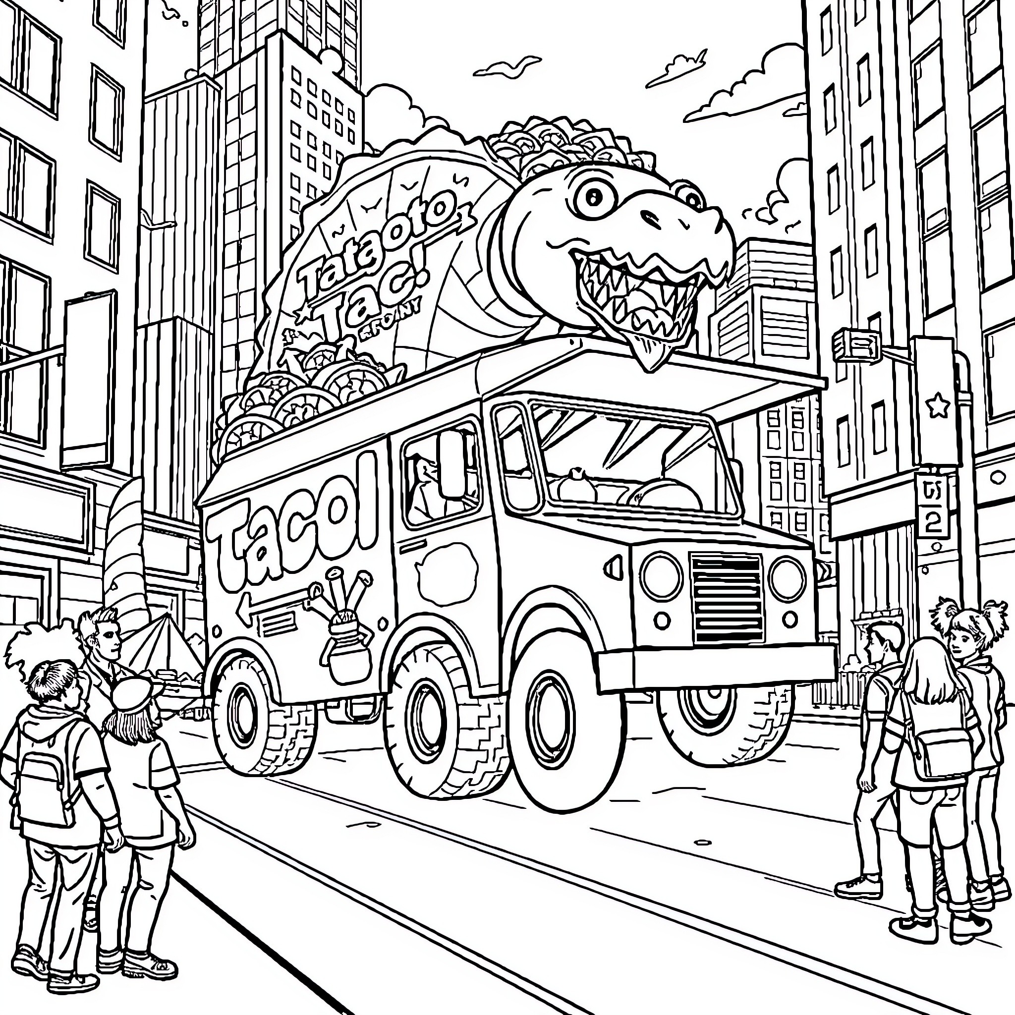 Tacozilla Taco Truck Captivates City Crowd Coloring Page (free black-and-white line drawing printable PDF for all, from beginners to advanced learners, including children, teens, adults, and seniors)