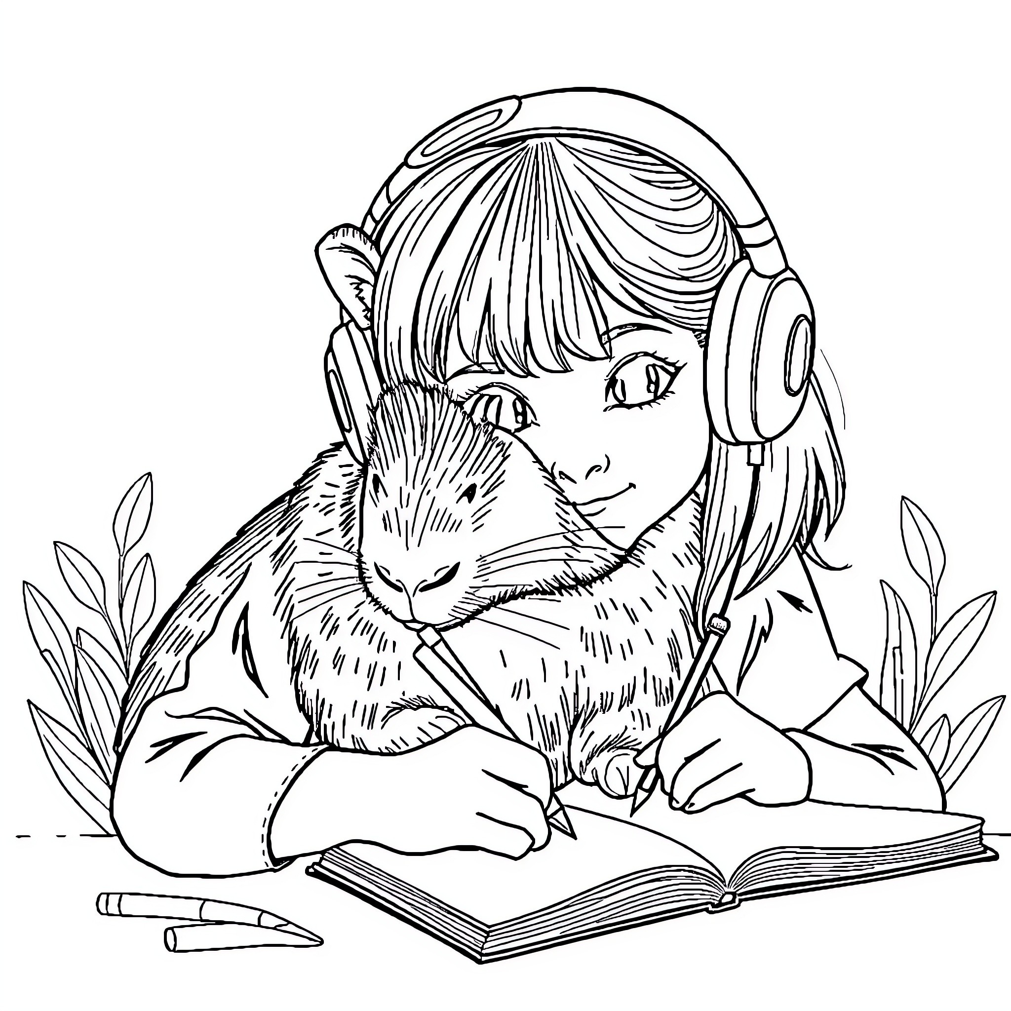 Girl reading with a cat in nature Coloring Page (free black-and-white line drawing printable PDF for all, from beginners to advanced learners, including children, teens, adults, and seniors)