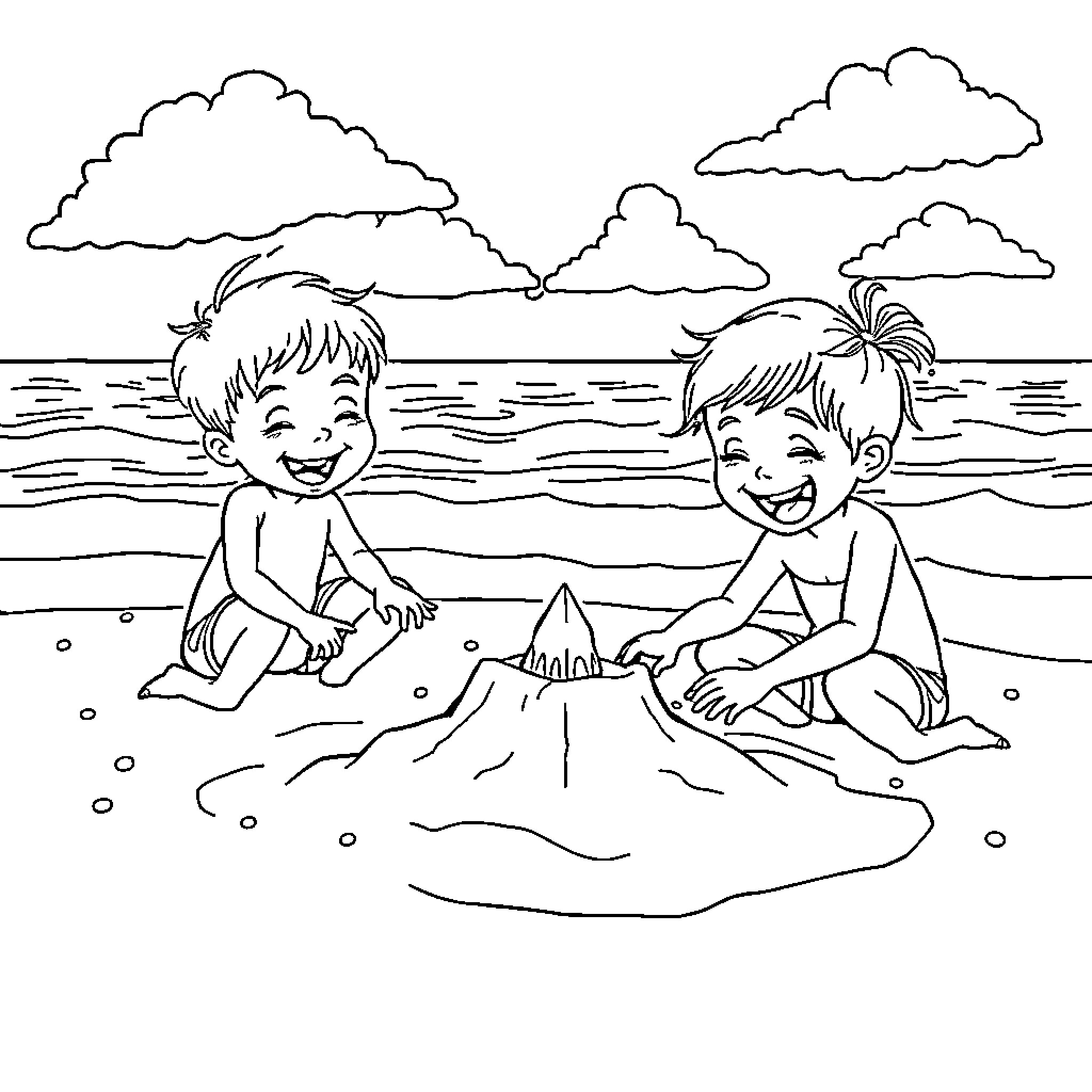 Kid playing and building sandcastle on the beach Coloring Page (free black-and-white line drawing printable PDF for all, from beginners to advanced learners, including children, teens, adults, and seniors)