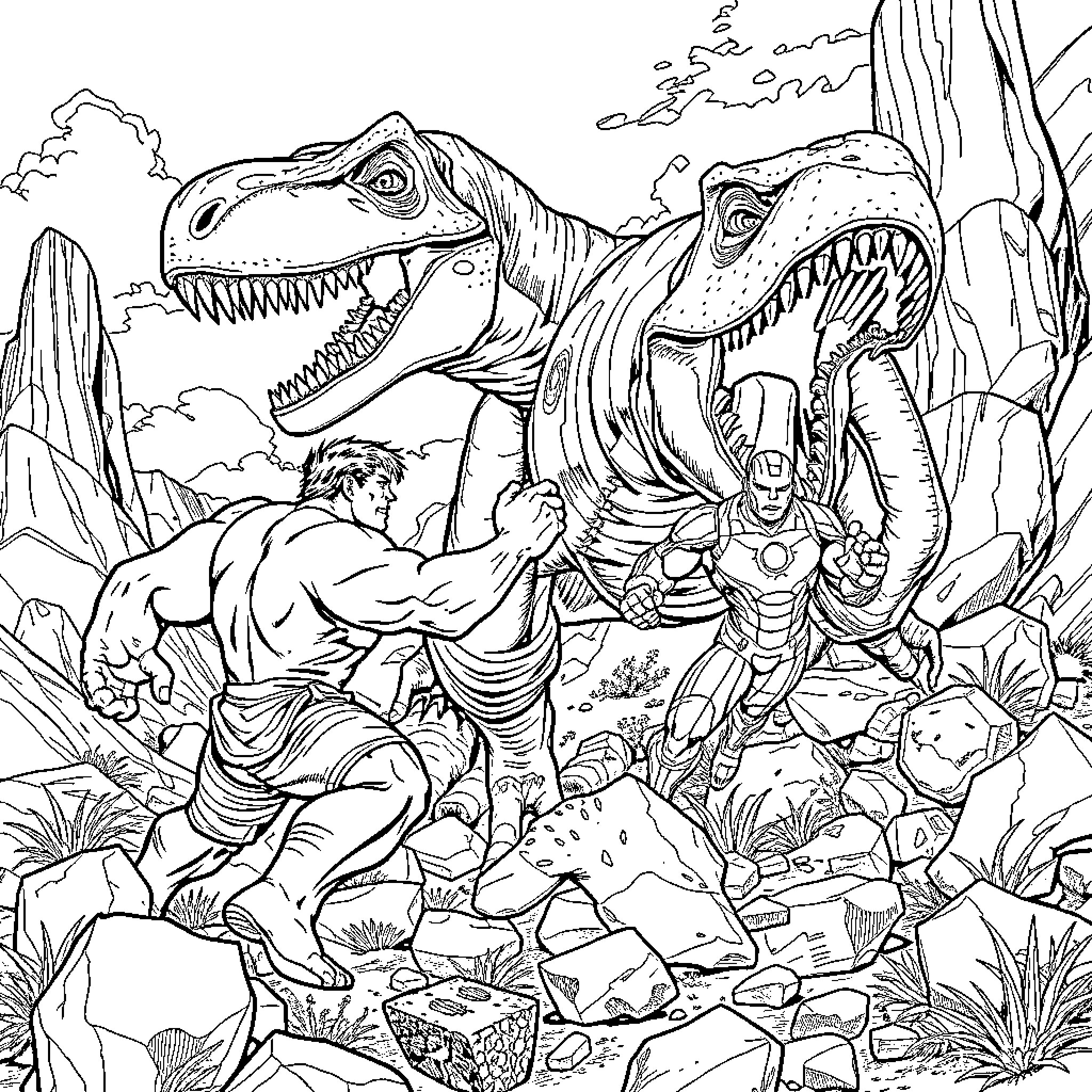 Hulk battling fierce dinosaurs in a rugged landscape Coloring Page (free black-and-white line drawing printable PDF for all, from beginners to advanced learners, including children, teens, adults, and seniors)