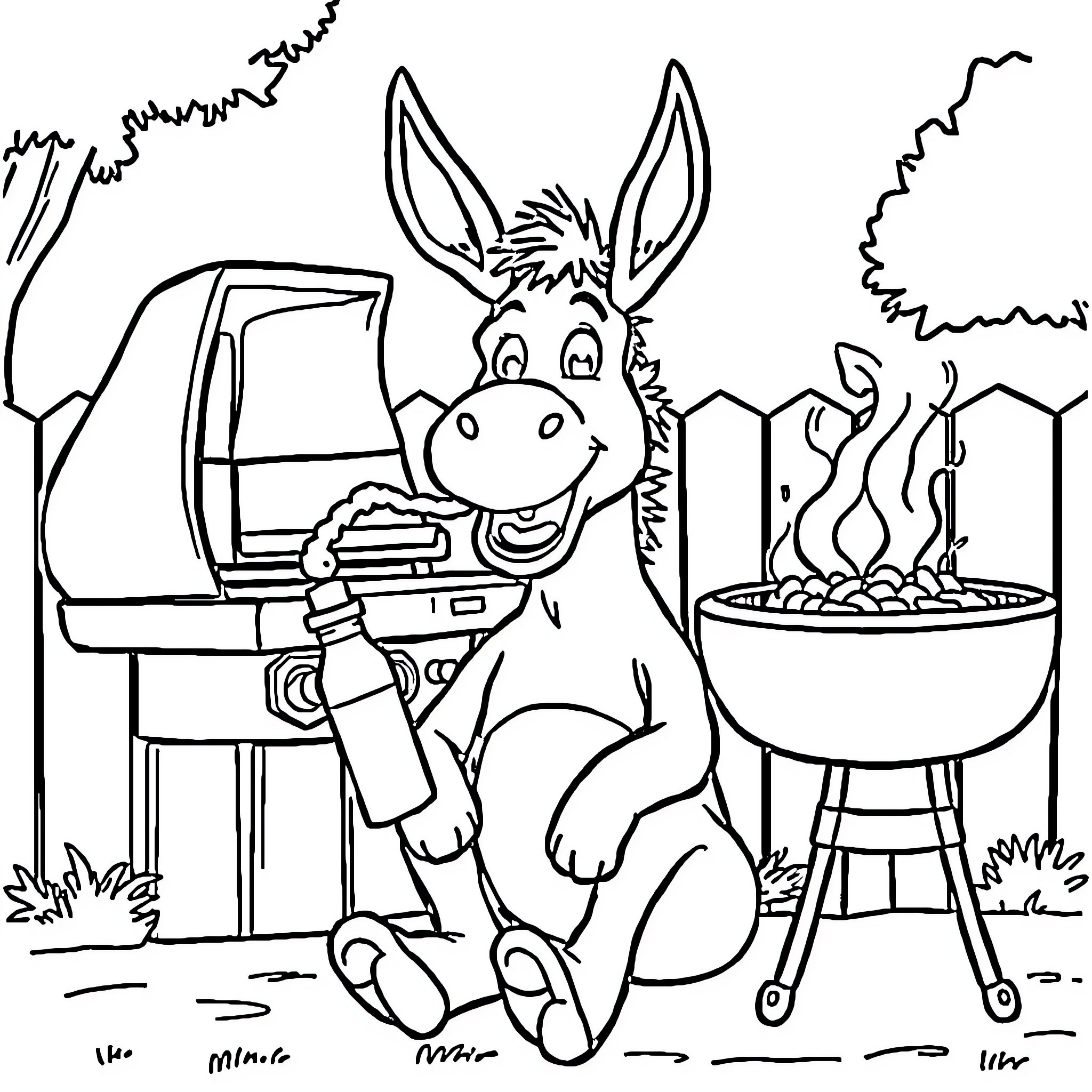 Donkey Grilling at the Backyard Barbecue Coloring Page (free black-and-white line drawing printable PDF for all, from beginners to advanced learners, including children, teens, adults, and seniors)