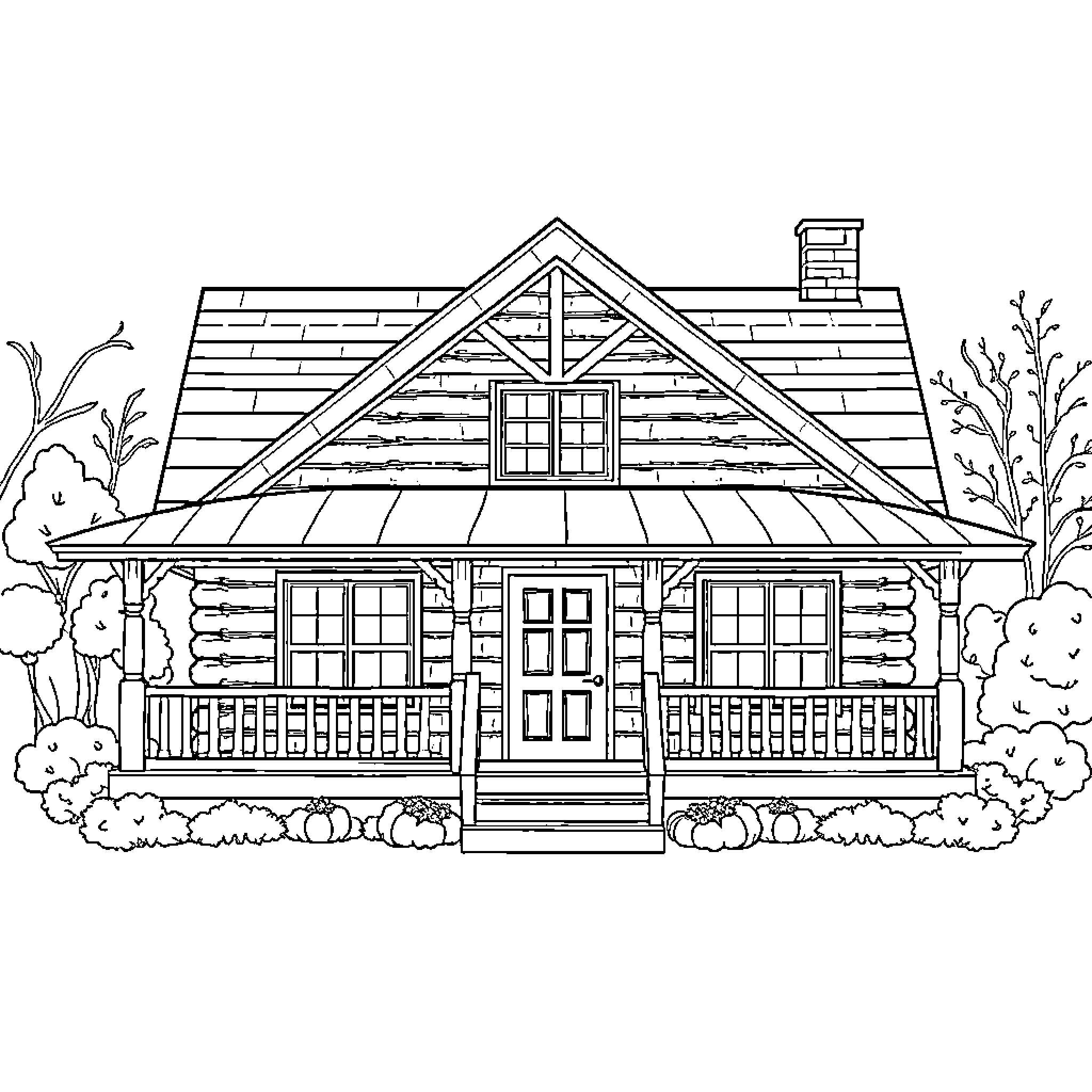 House with rustic log cabin exterior and porch Coloring Page (free black-and-white line drawing printable PDF for all, from beginners to advanced learners, including children, teens, adults, and seniors)