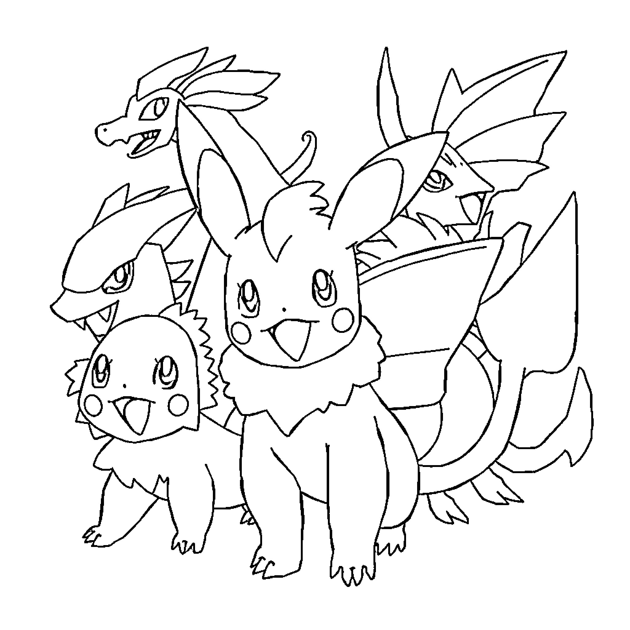 Pokémon friends posing together happily Coloring Page (free black-and-white line drawing printable PDF for all, from beginners to advanced learners, including children, teens, adults, and seniors)