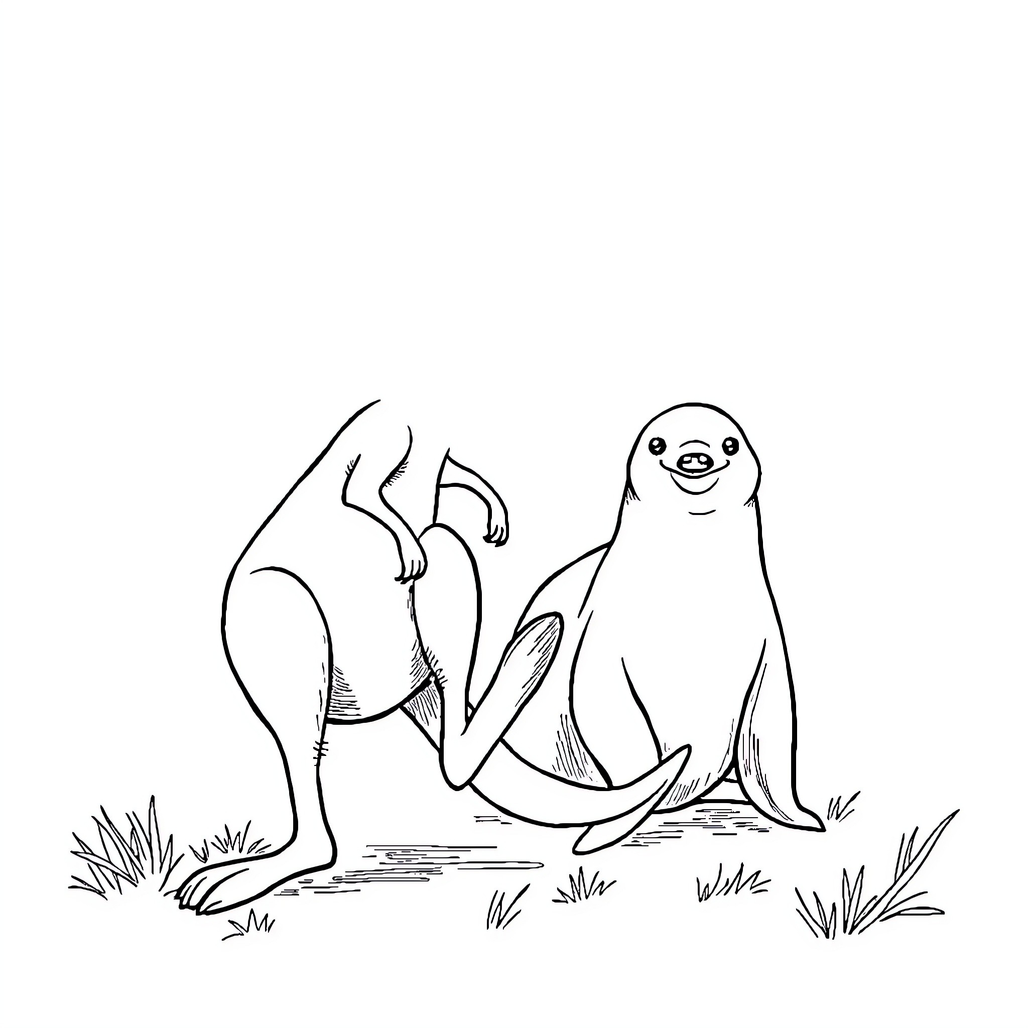 Kangaroos playing and relaxing in nature Coloring Page (free black-and-white line drawing printable PDF for all, from beginners to advanced learners, including children, teens, adults, and seniors)