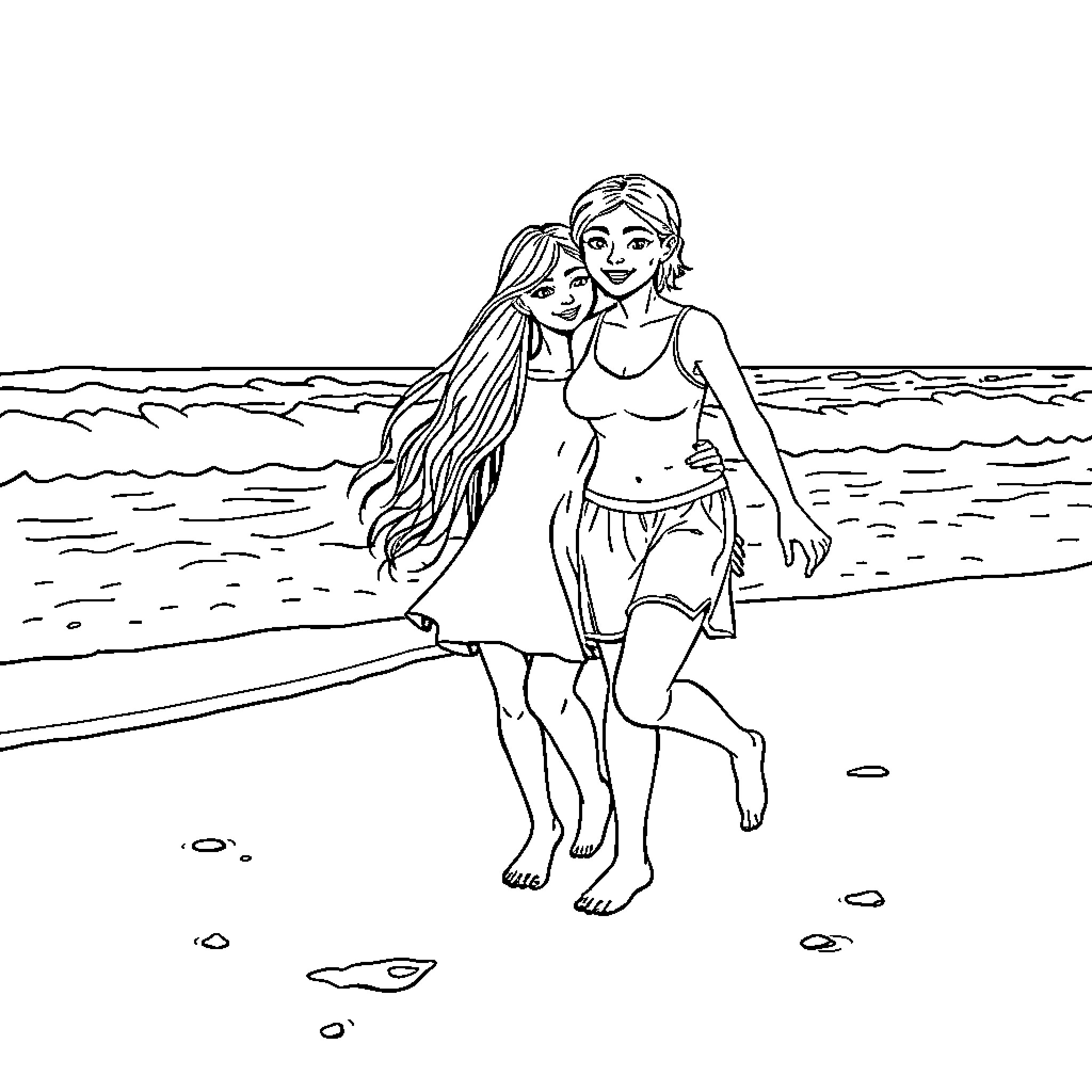 Jaimie and Friend Enjoying a Day at the Beach Coloring Page (free black-and-white line drawing printable PDF for all, from beginners to advanced learners, including children, teens, adults, and seniors)
