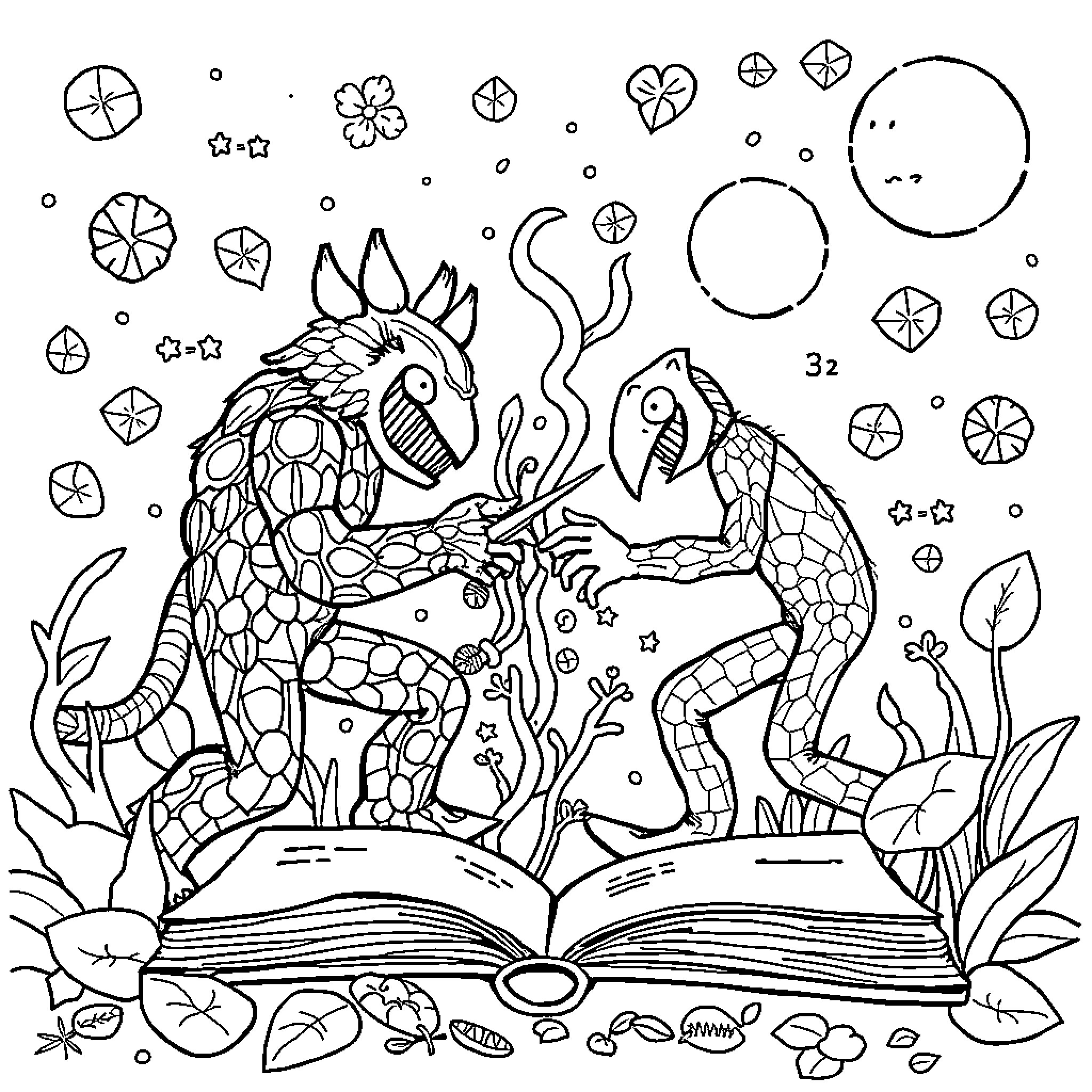 Math-themed whimsical creatures in nature Coloring Page (free black-and-white line drawing printable PDF for all, from beginners to advanced learners, including children, teens, adults, and seniors)