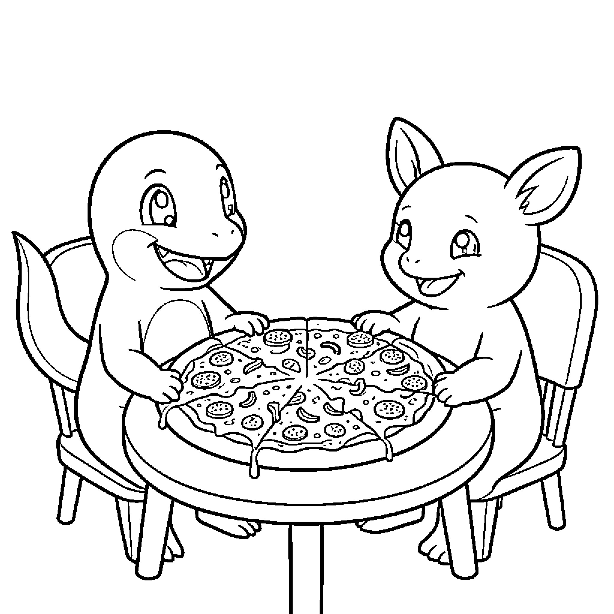 Charmander enjoying a pizza party with a friend Coloring Page (free black-and-white line drawing printable PDF for all, from beginners to advanced learners, including children, teens, adults, and seniors)