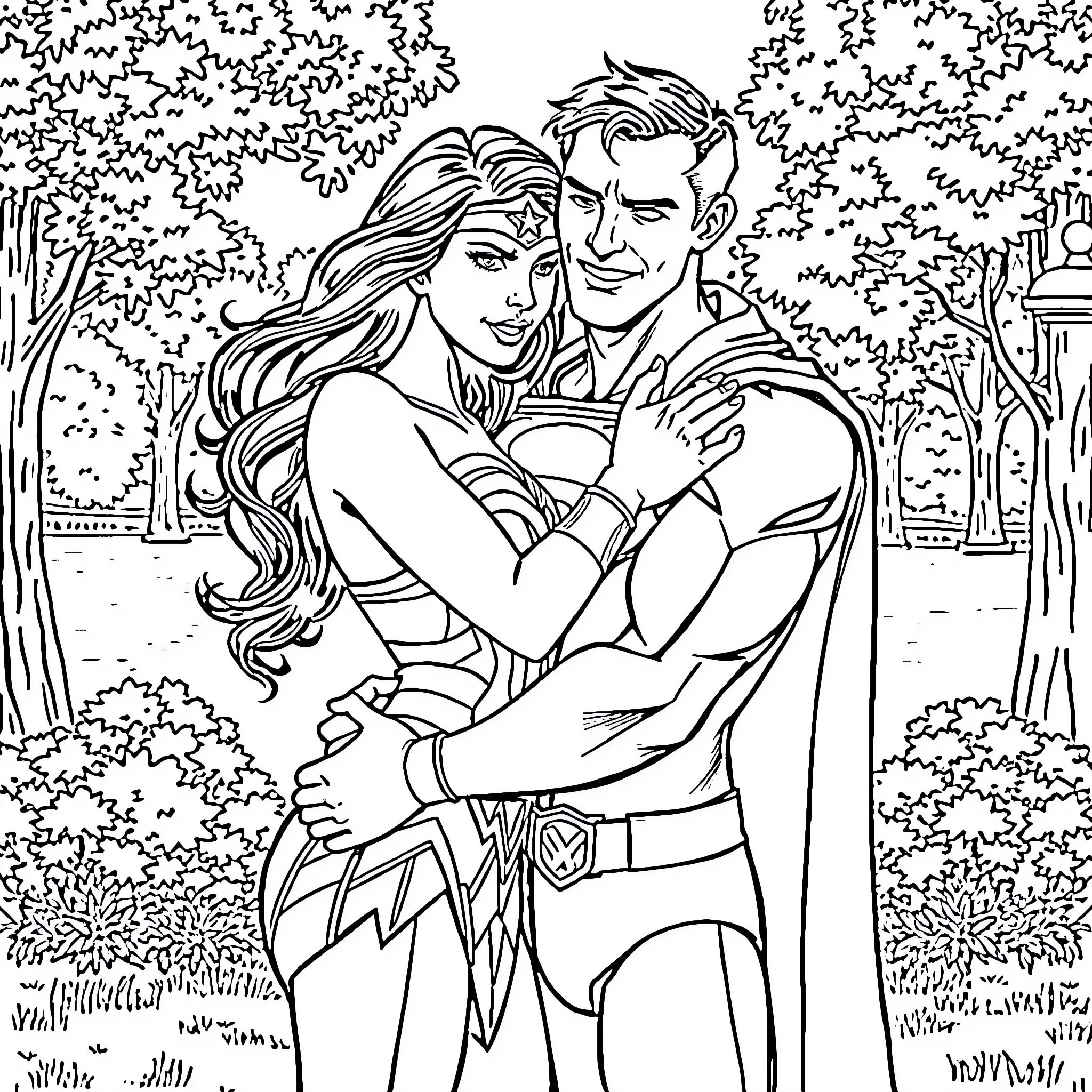 Wonder Woman and her partner in romantic embrace Coloring Page (free black-and-white line drawing printable PDF for all, from beginners to advanced learners, including children, teens, adults, and seniors)