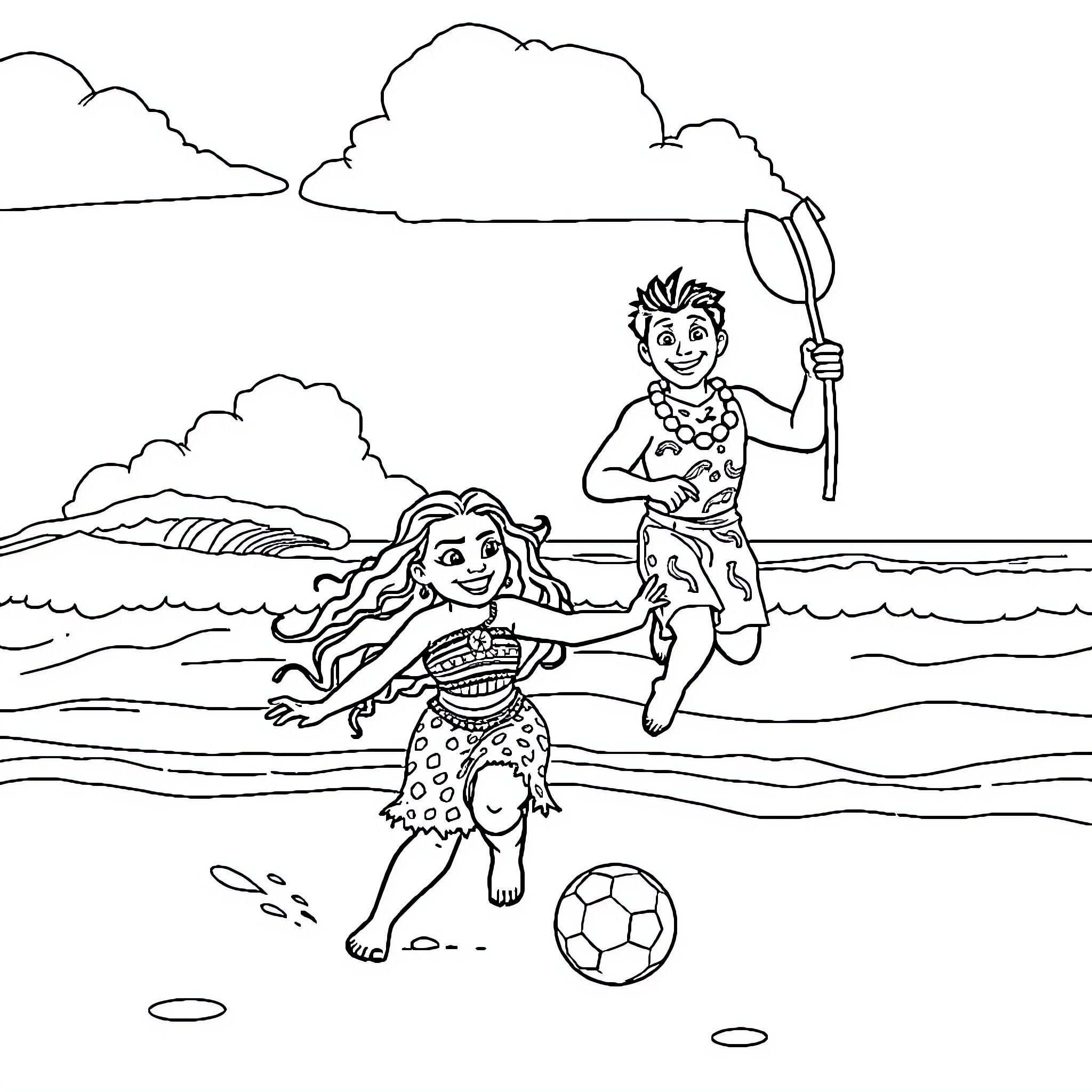Moana and Maui playing on the beach Coloring Page (free black-and-white line drawing printable PDF for all, from beginners to advanced learners, including children, teens, adults, and seniors)