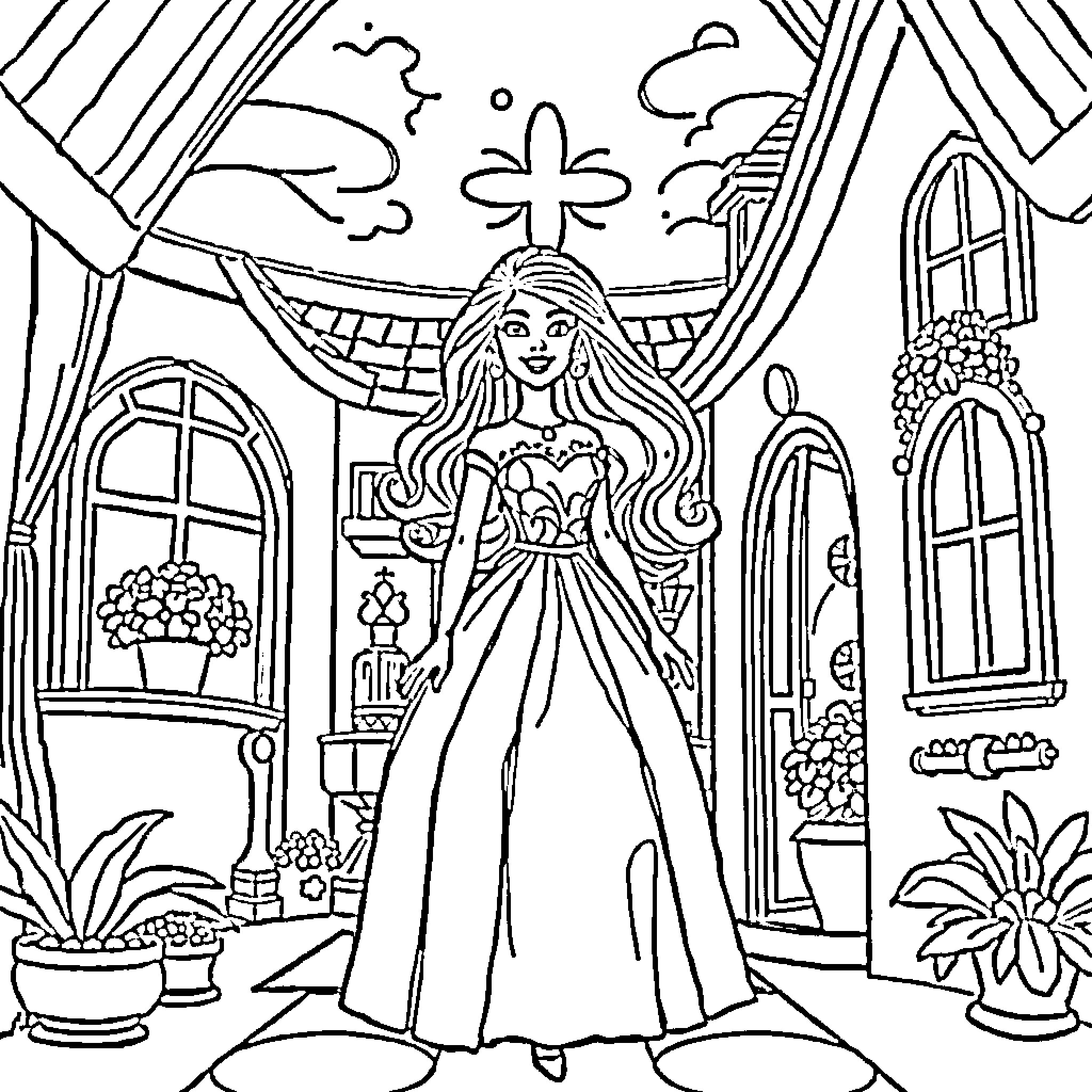 Barbie in a Fairytale Palace Coloring Page (free black-and-white line drawing printable PDF for all, from beginners to advanced learners, including children, teens, adults, and seniors)