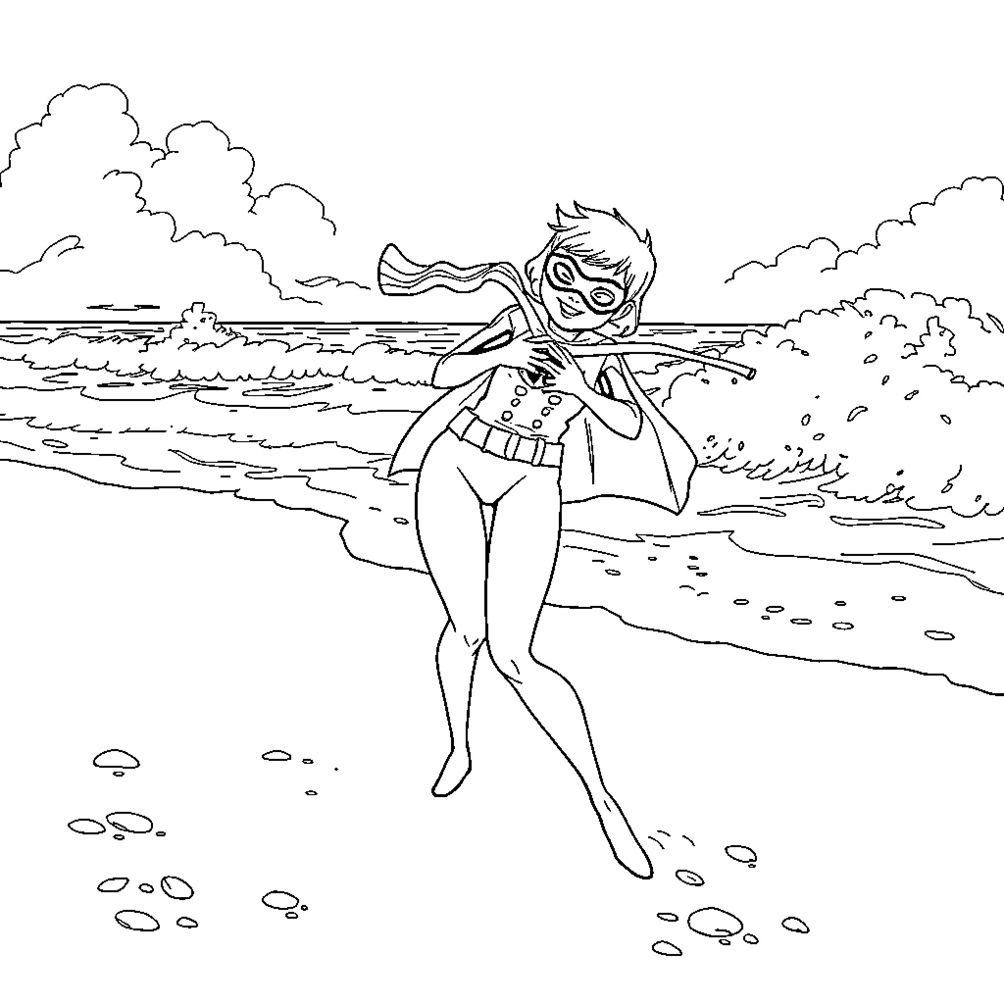 Elastigirl saving the day at the beach Coloring Page (free black-and-white line drawing printable PDF for all, from beginners to advanced learners, including children, teens, adults, and seniors)