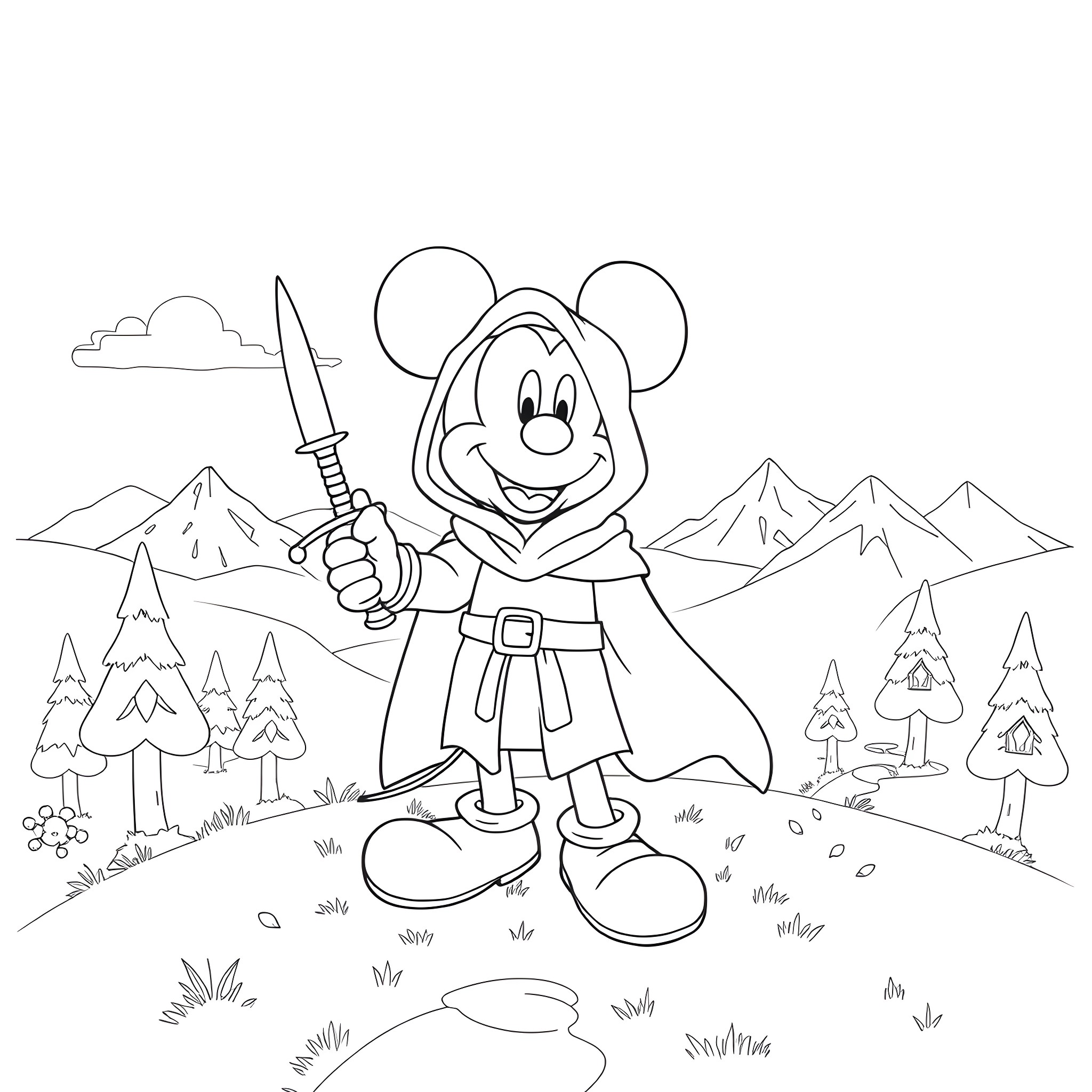 Mickey Mouse wielding a sword in a mountainous landscape Coloring Page (free black-and-white line drawing printable PDF for all, from beginners to advanced learners, including children, teens, adults, and seniors)