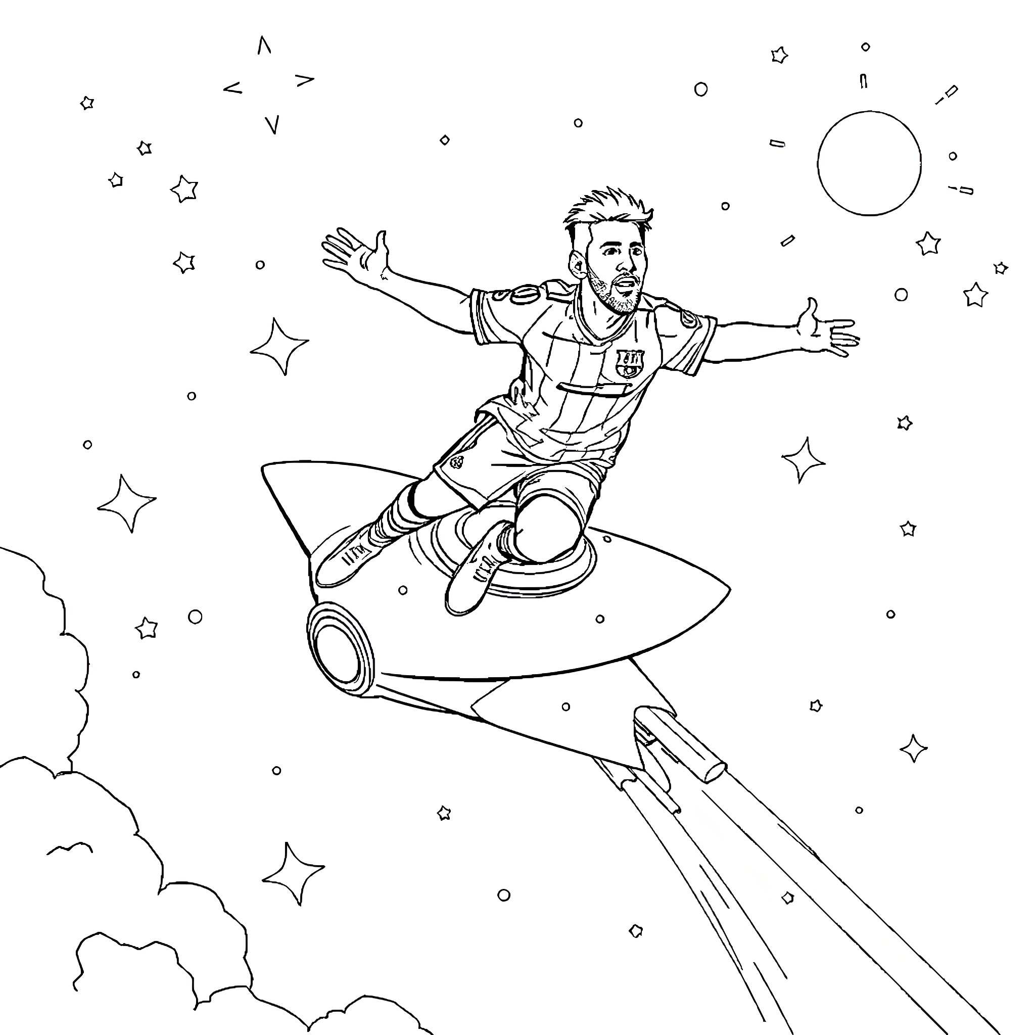 Messi flying through space on a rocket Coloring Page (free black-and-white line drawing printable PDF for all, from beginners to advanced learners, including children, teens, adults, and seniors)