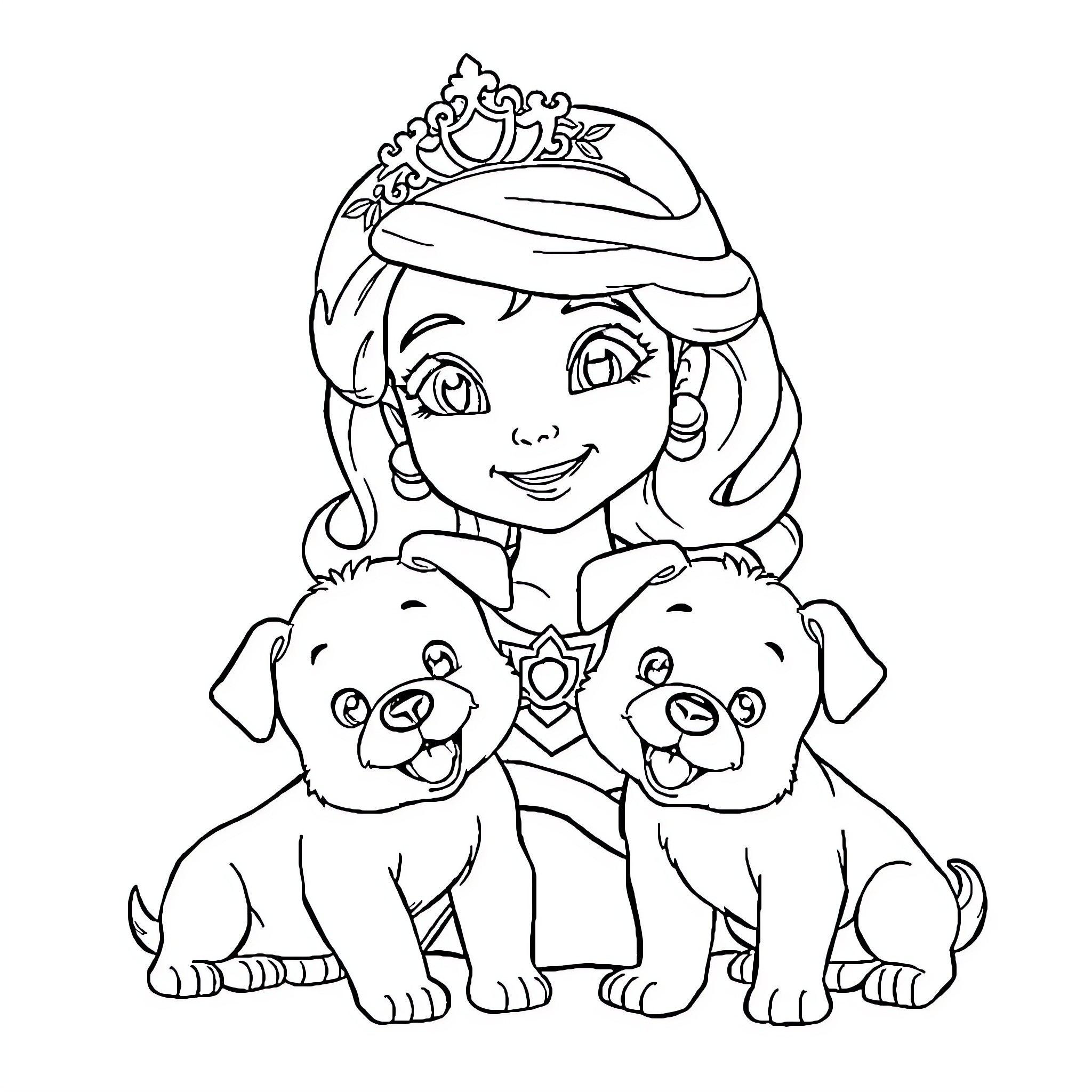 Princess Sofia with Cute Puppy Companions Coloring Page (free black-and-white line drawing printable PDF for all, from beginners to advanced learners, including children, teens, adults, and seniors)