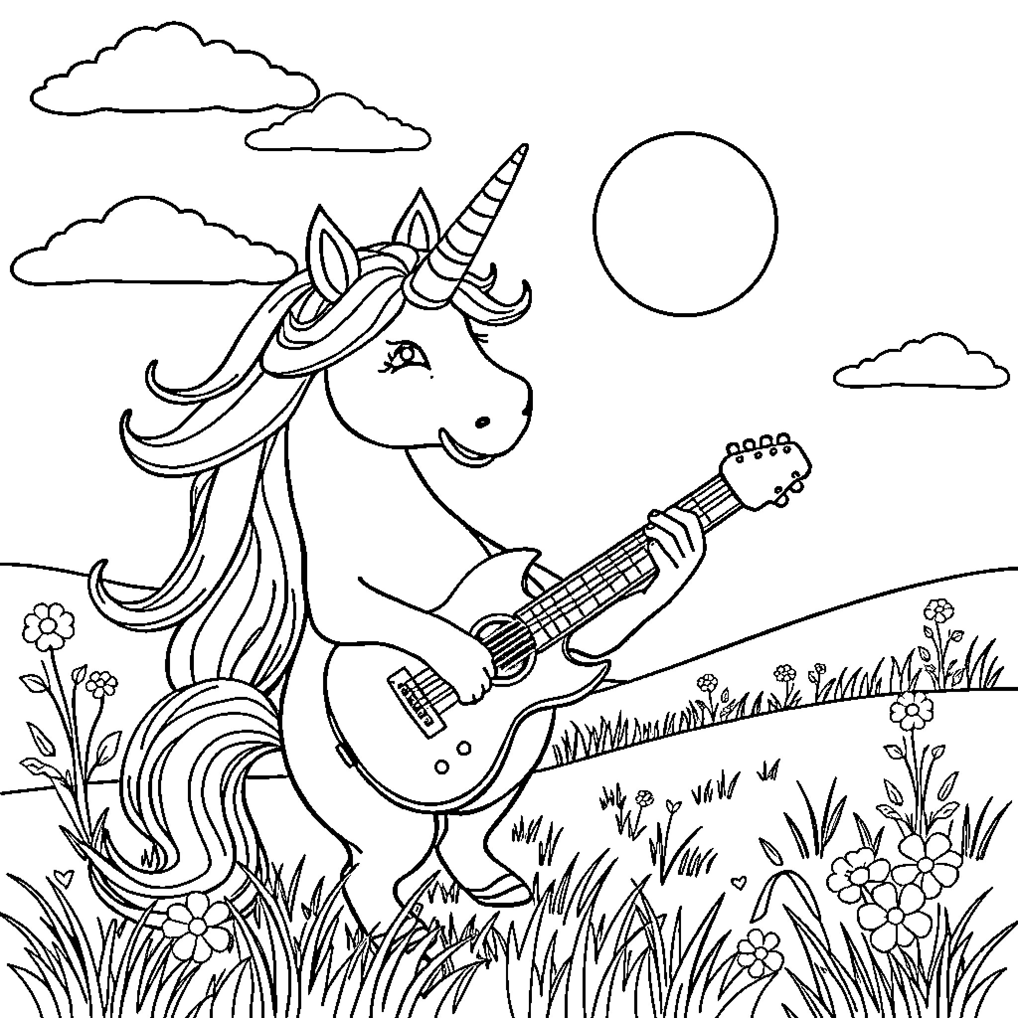 Unicorn playing guitar in a meadow Coloring Page (free black-and-white line drawing printable PDF for all, from beginners to advanced learners, including children, teens, adults, and seniors)