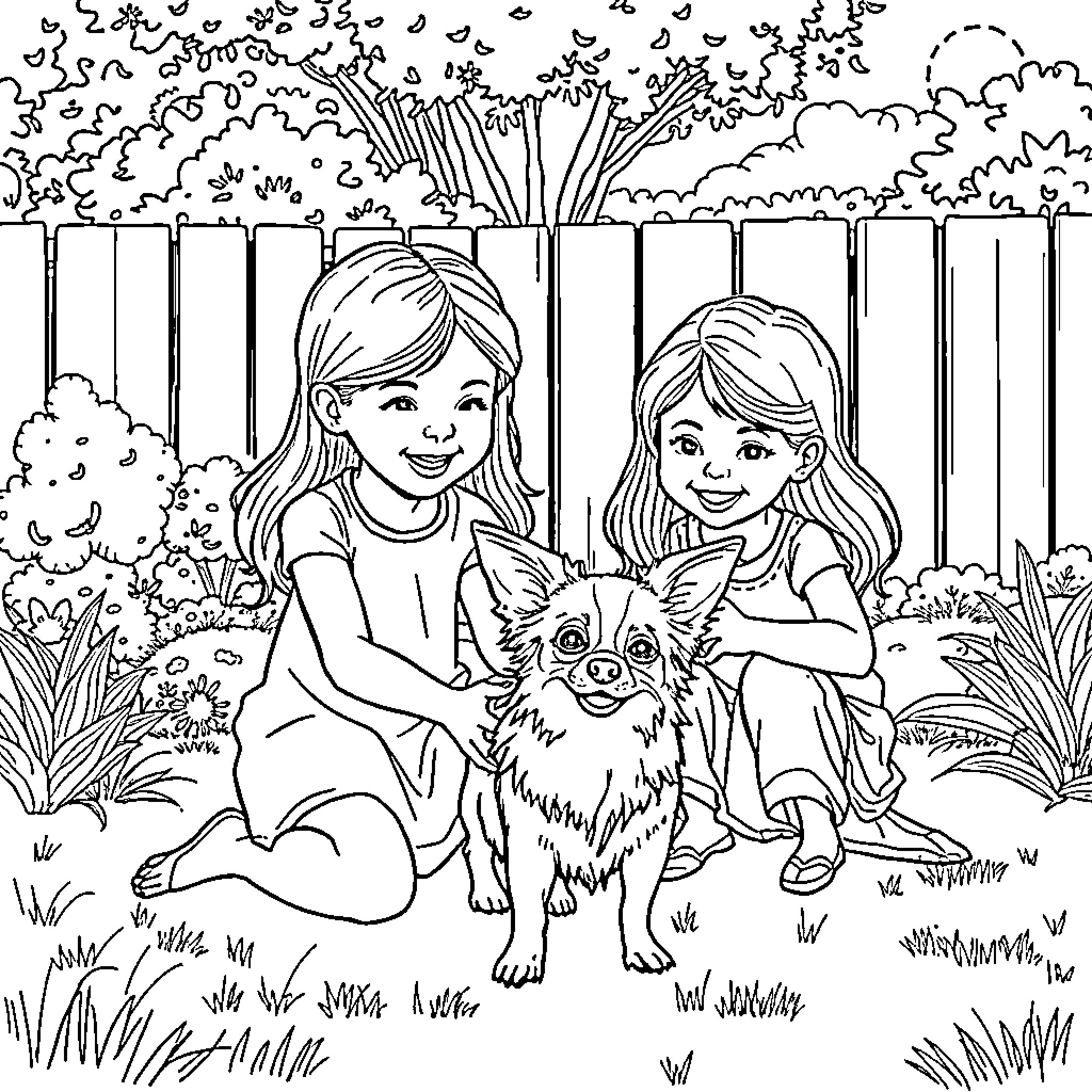 Chihuahua brought joy to girls in the park Coloring Page (free black-and-white line drawing printable PDF for all, from beginners to advanced learners, including children, teens, adults, and seniors)