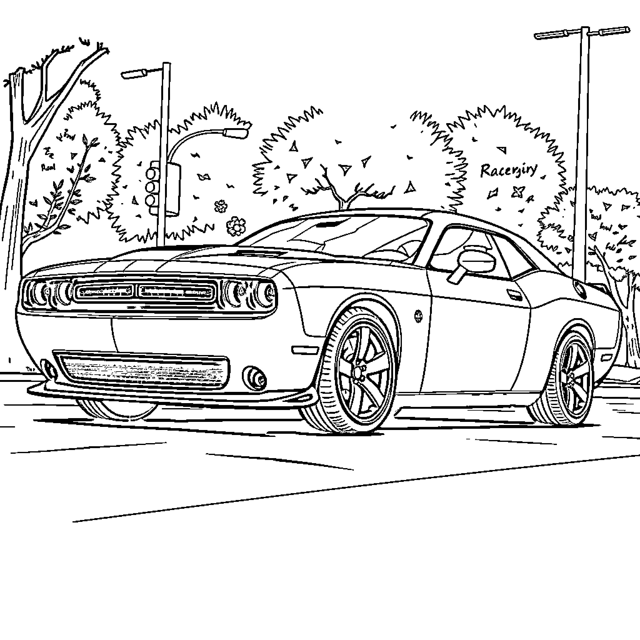 Dodge Challenger in Outdoor Scene Coloring Page (free black-and-white line drawing printable PDF for all, from beginners to advanced learners, including children, teens, adults, and seniors)