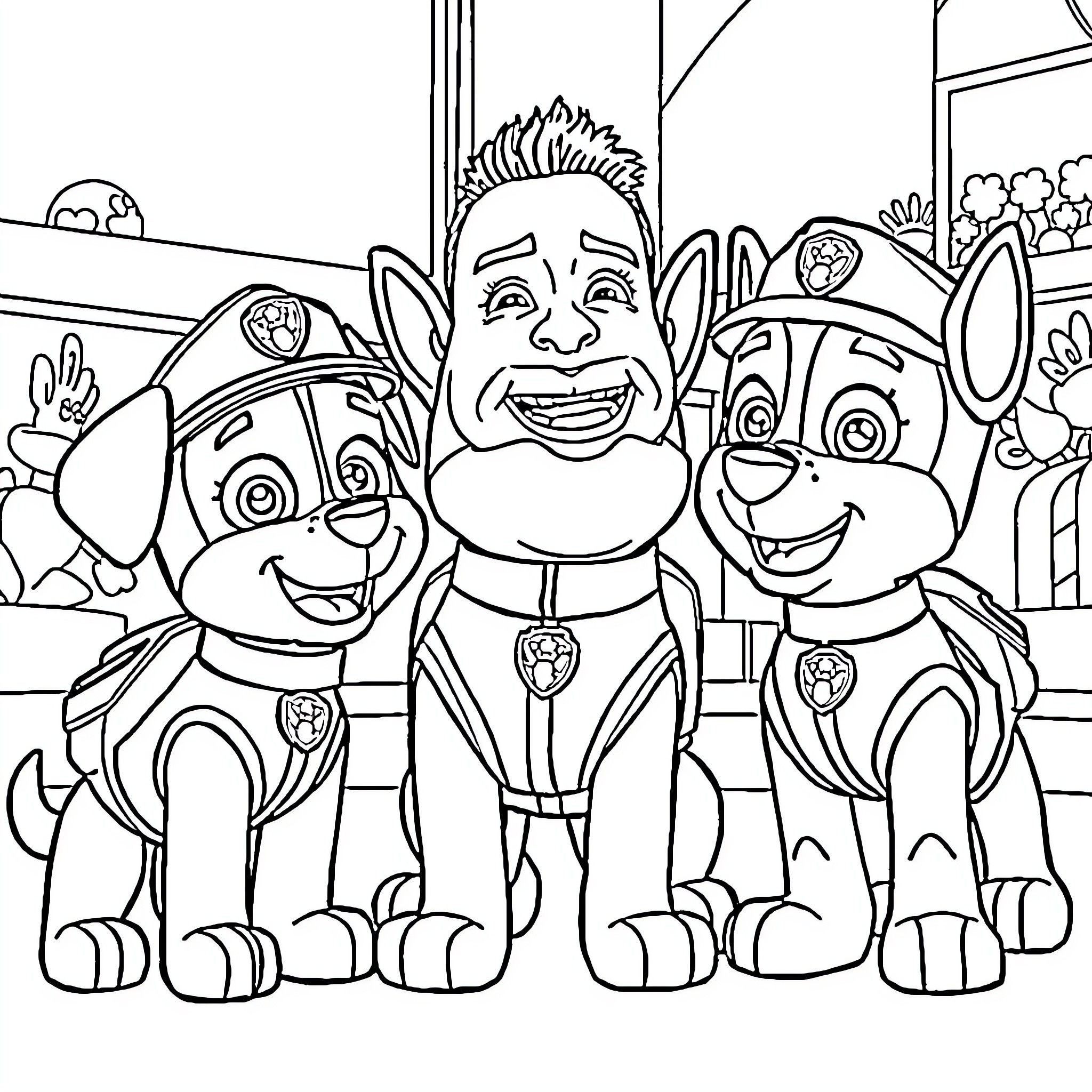 Paw Patrol characters posing together happily Coloring Page (free black-and-white line drawing printable PDF for all, from beginners to advanced learners, including children, teens, adults, and seniors)