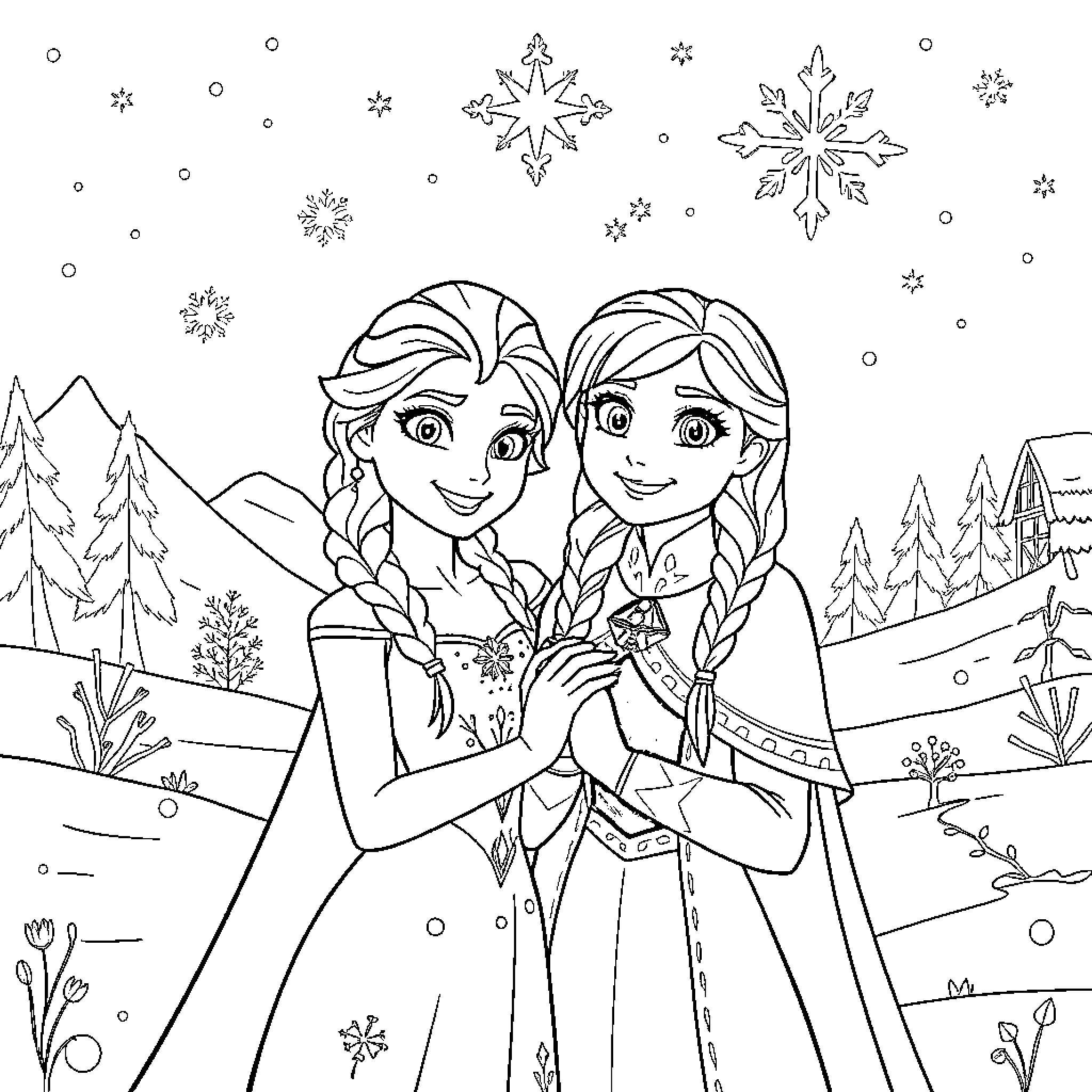 Elsa and Anna's Winter Adventure Coloring Page (free black-and-white line drawing printable PDF for all, from beginners to advanced learners, including children, teens, adults, and seniors)