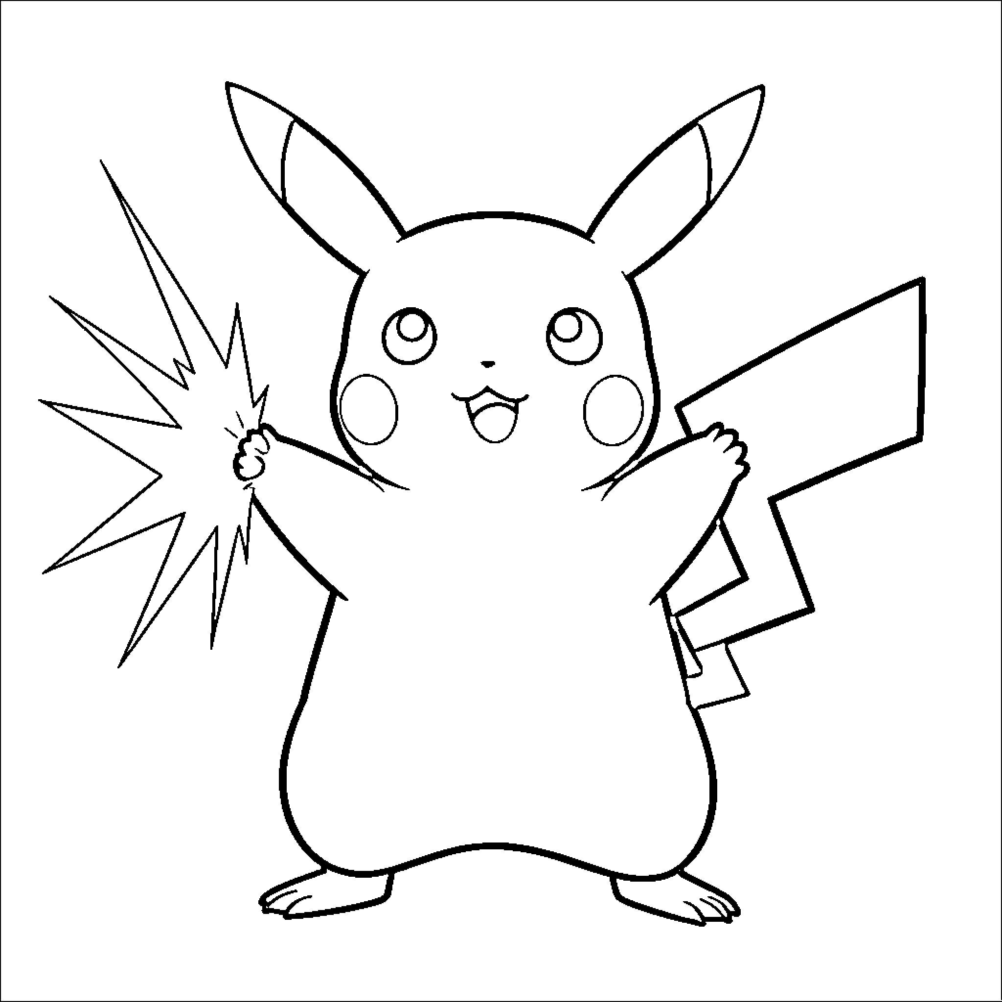 Pikachu celebrating with arms raised and joyful expression Coloring Page (free black-and-white line drawing printable PDF for all, from beginners to advanced learners, including children, teens, adults, and seniors)