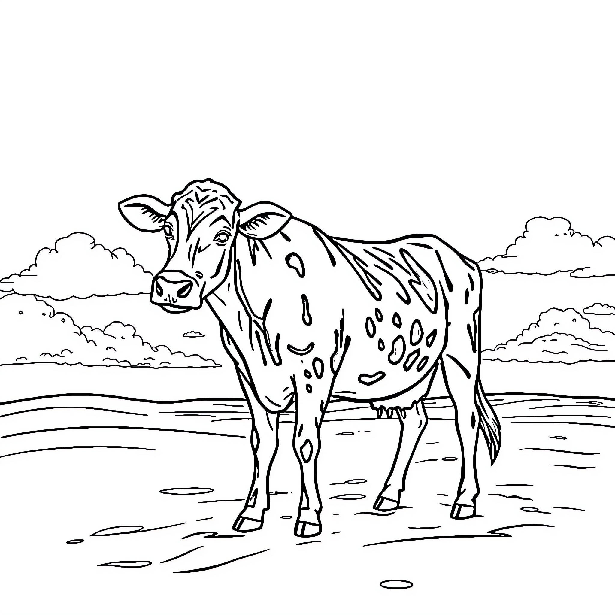 Cow standing in a field under cloudy skies Coloring Page (free black-and-white line drawing printable PDF for all, from beginners to advanced learners, including children, teens, adults, and seniors)