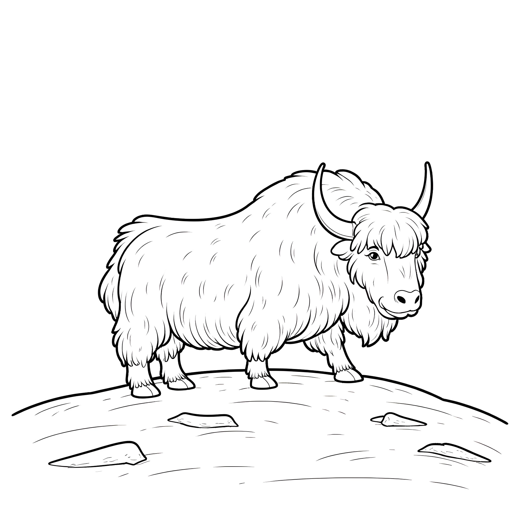 Musk Ox standing on rocky terrain Coloring Page (free black-and-white line drawing printable PDF for all, from beginners to advanced learners, including children, teens, adults, and seniors)