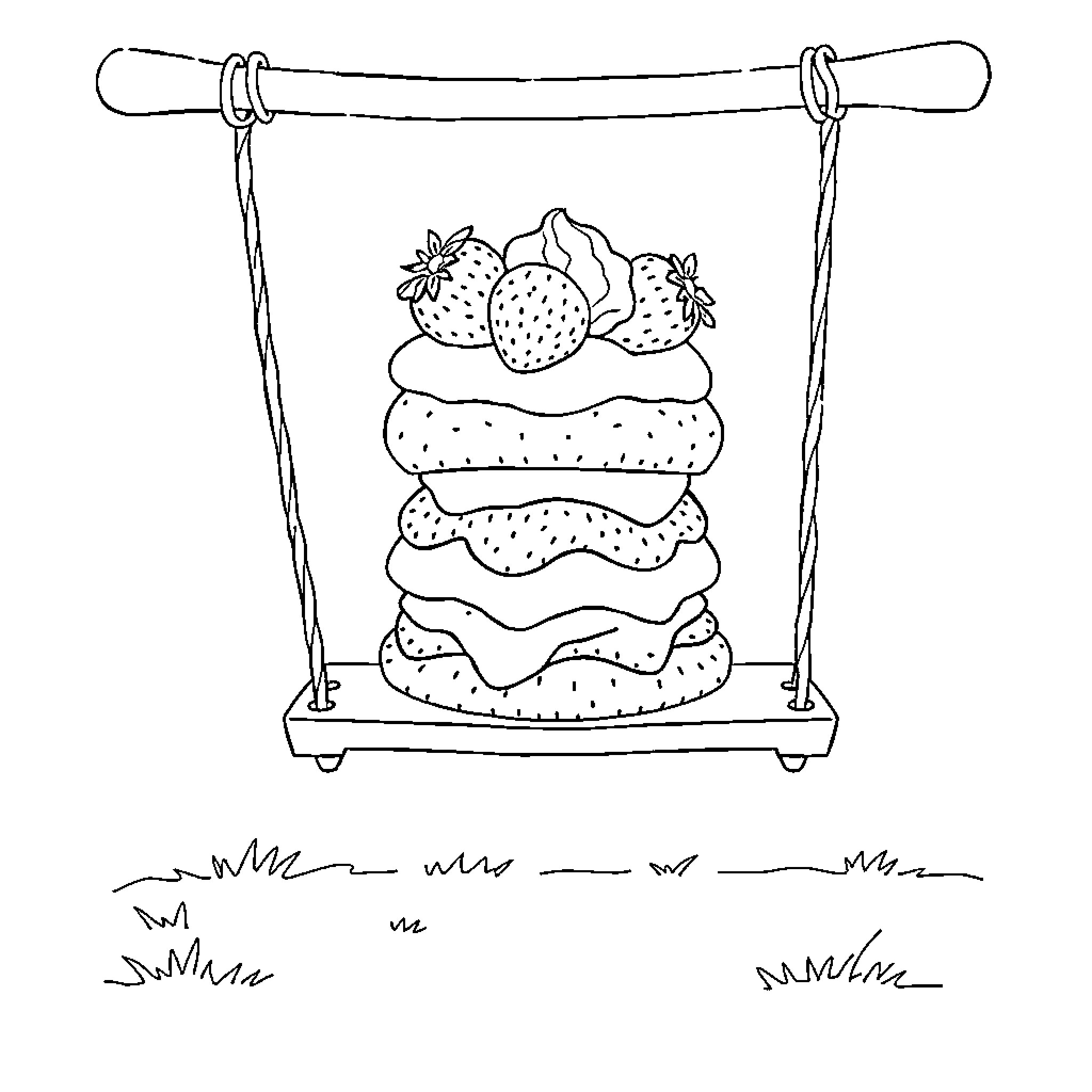 Strawberry Shortcake swinging on a rustic wooden swing Coloring Page (free black-and-white line drawing printable PDF for all, from beginners to advanced learners, including children, teens, adults, and seniors)