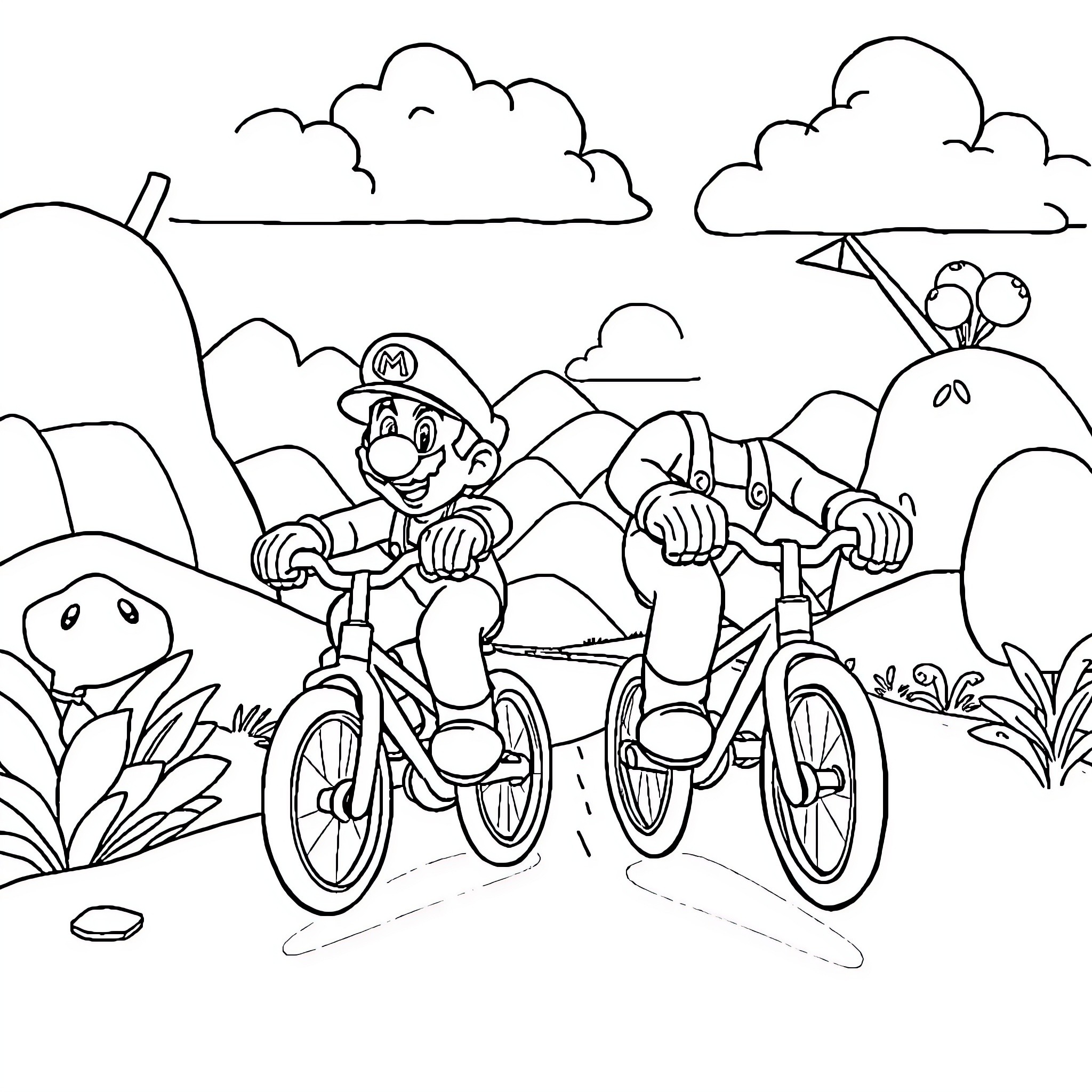 Mario and friend biking in countryside landscape Coloring Page (free black-and-white line drawing printable PDF for all, from beginners to advanced learners, including children, teens, adults, and seniors)