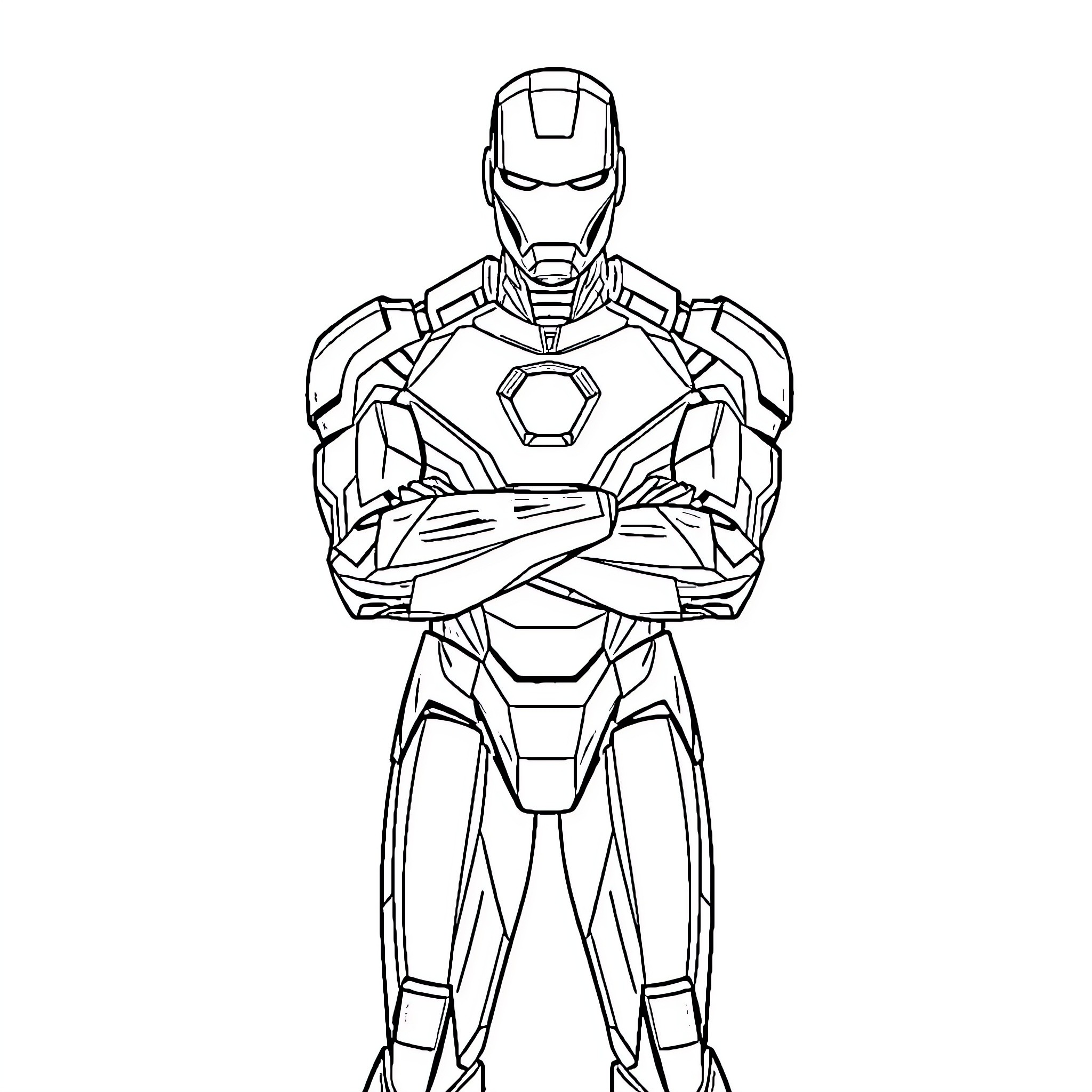 Ironman Superhero in Heroic Pose Coloring Page (free black-and-white line drawing printable PDF for all, from beginners to advanced learners, including children, teens, adults, and seniors)