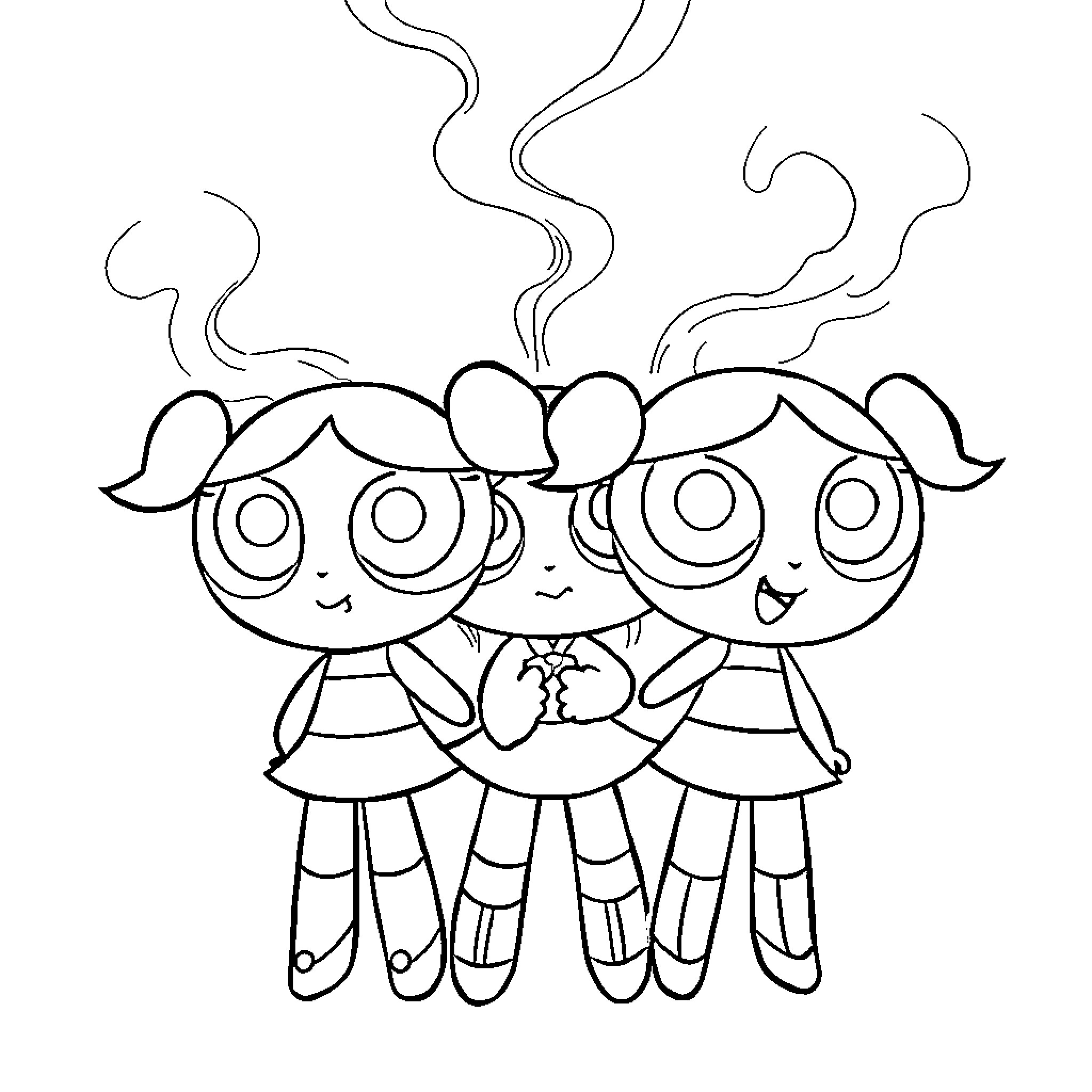 Powerpuff Girls Trio in Action Coloring Page (free black-and-white line drawing printable PDF for all, from beginners to advanced learners, including children, teens, adults, and seniors)
