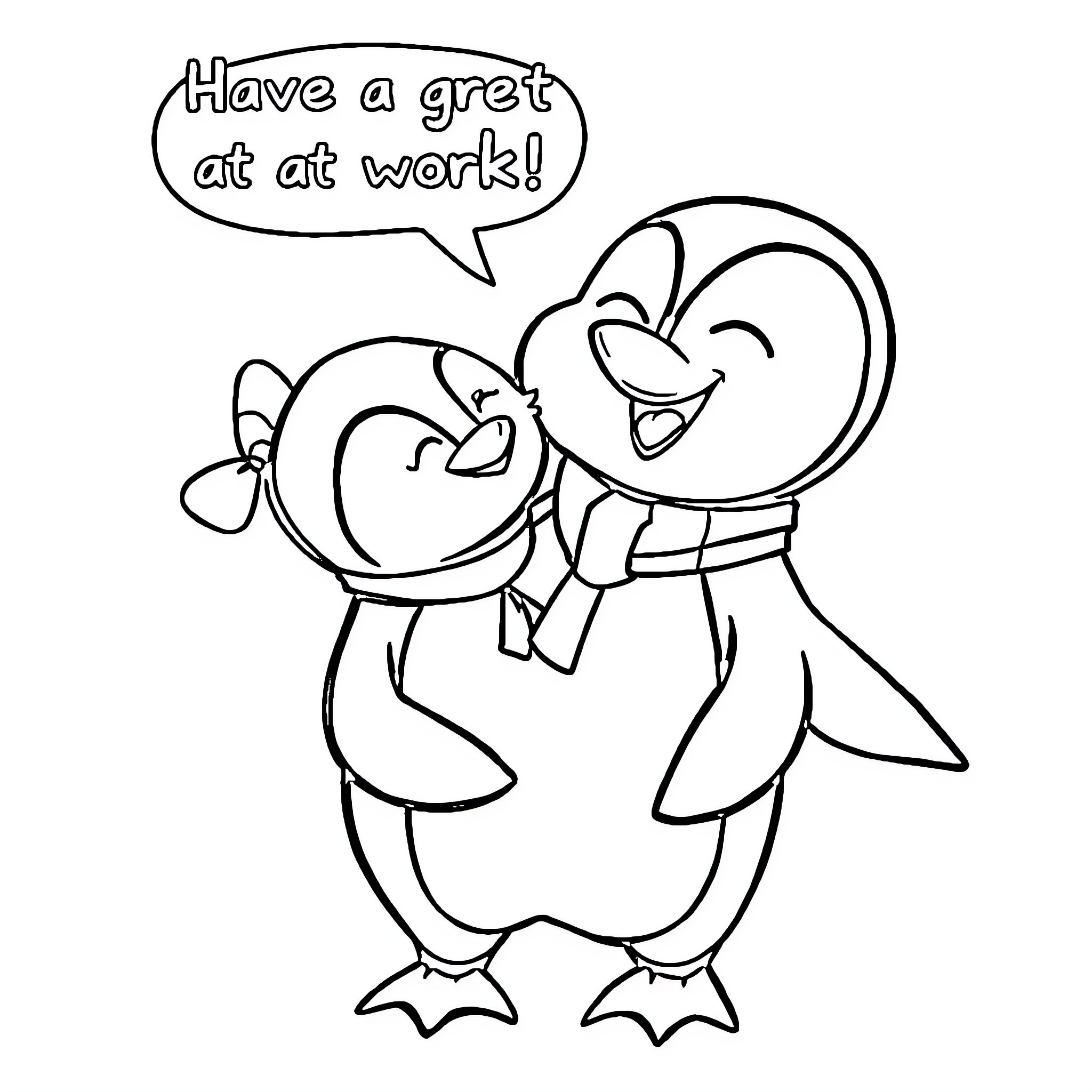 Penguins having a great day at work Coloring Page (free black-and-white line drawing printable PDF for all, from beginners to advanced learners, including children, teens, adults, and seniors)